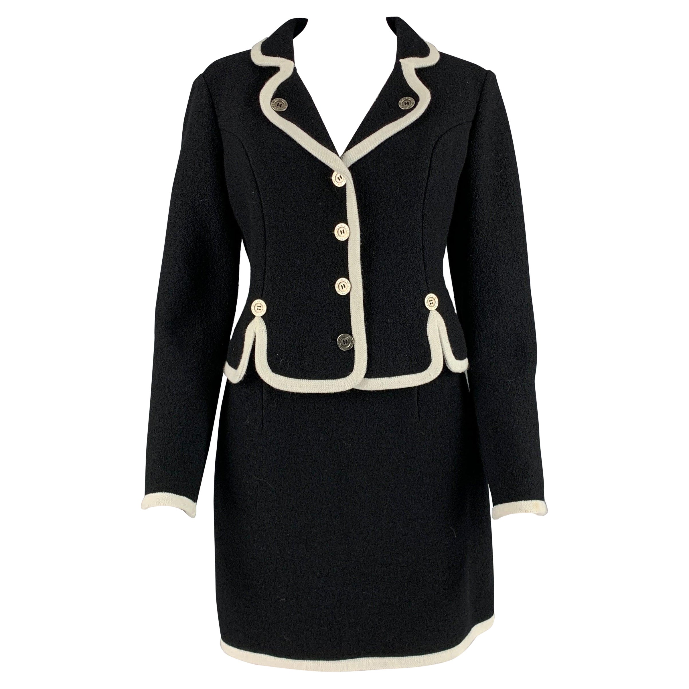 MOSCHINO Size 8 Black White Virgin Wool Contrast trim Single breasted Skirt Suit For Sale