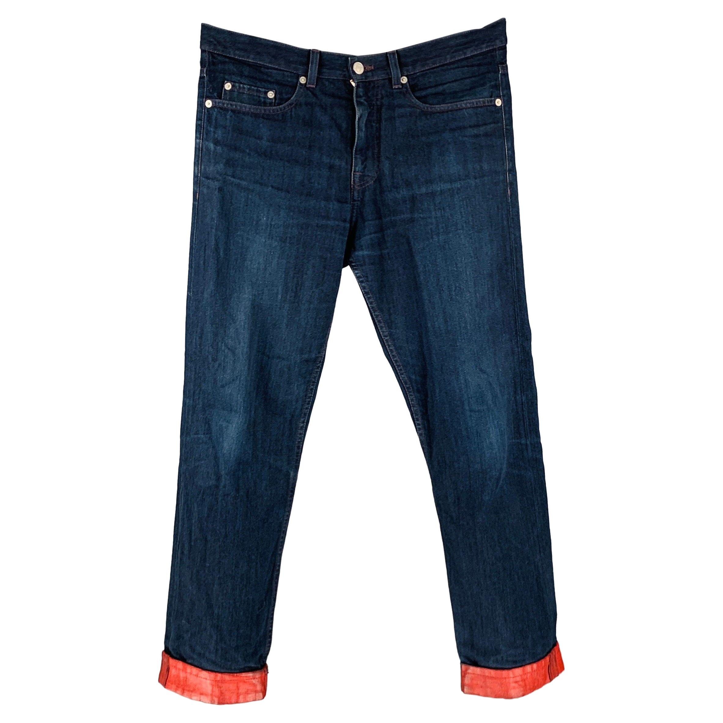 DRIES VAN NOTEN - Jean à 5 poches en coton bleu marine, taille 30 en vente