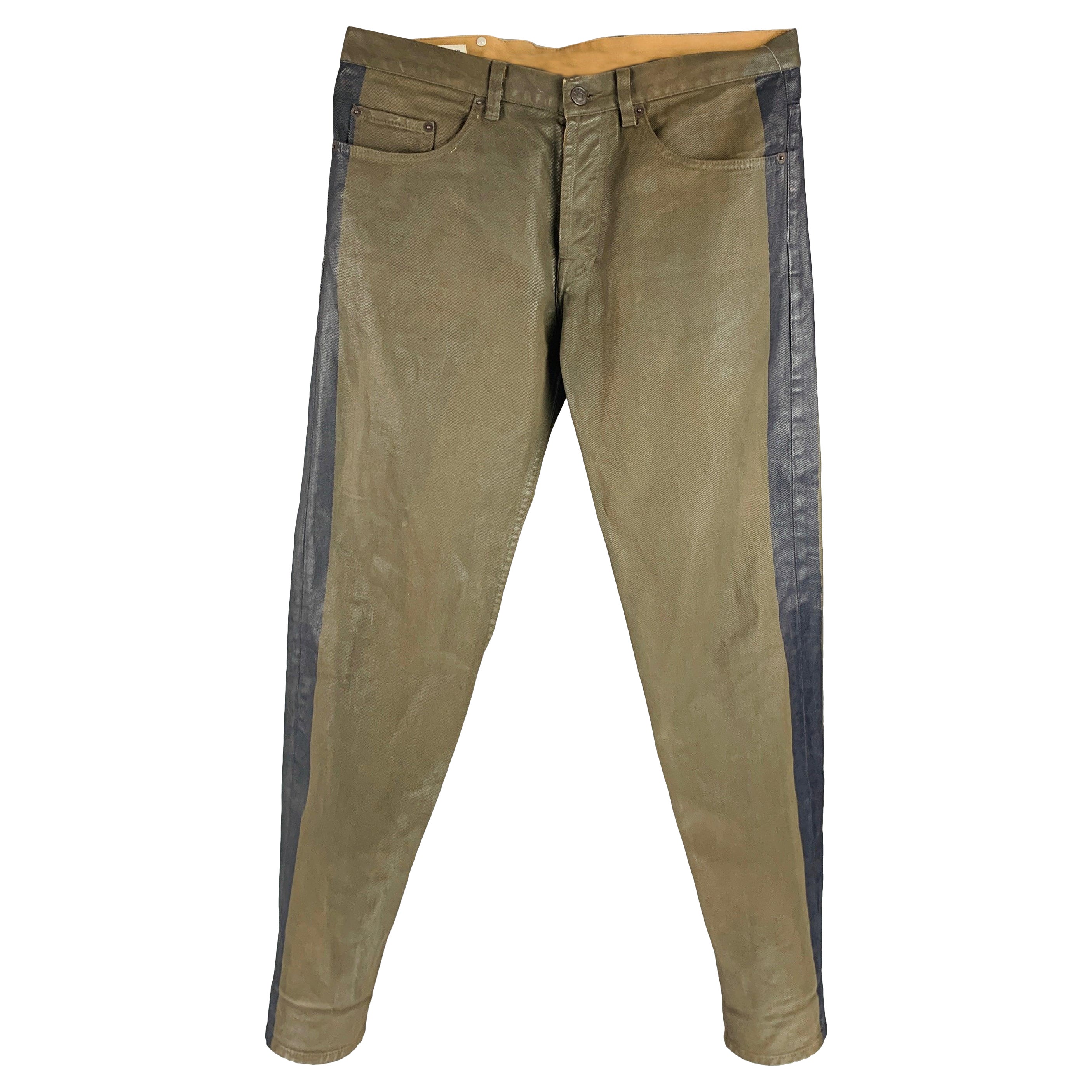 DRIES VAN NOTEN Size 33 Green Olive Vertical Stripe Cotton Cocoon Jeans For Sale