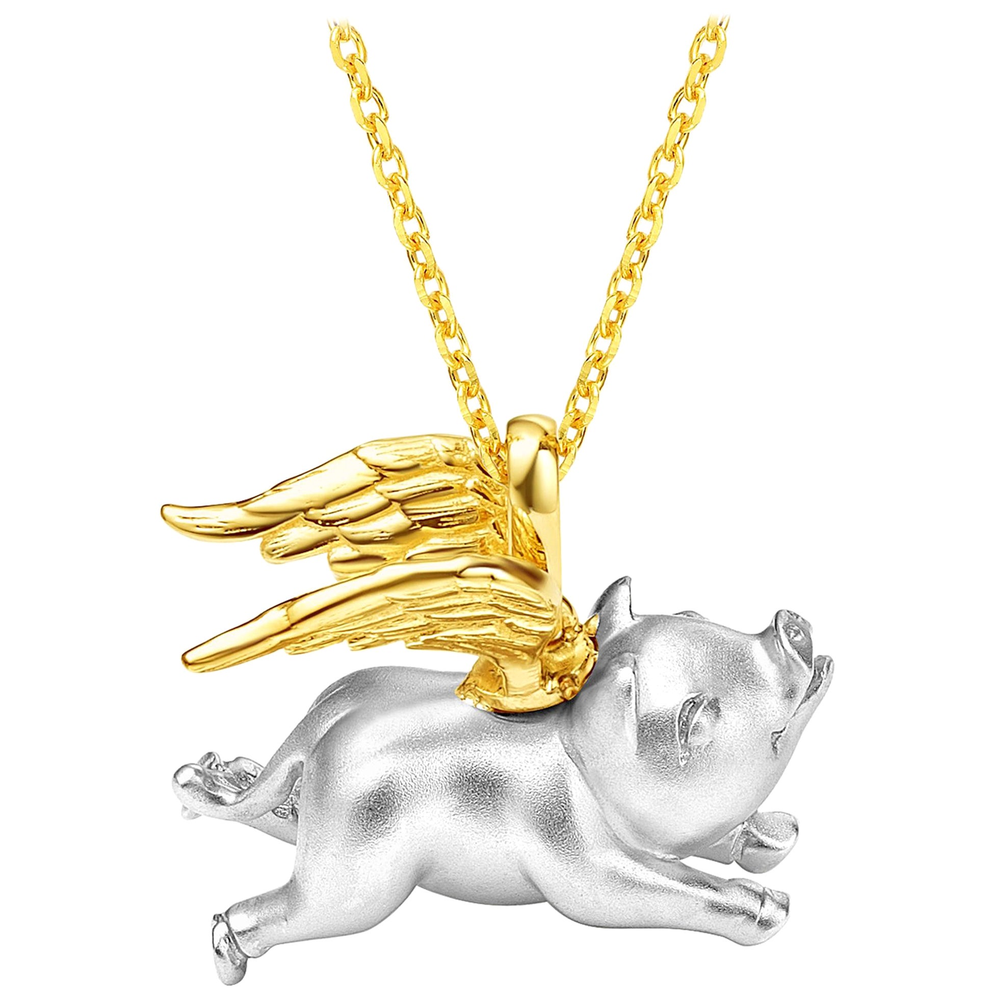 Fei Liu Solid Silver Pig Yellow Gold Plated Wings Pendant Necklace