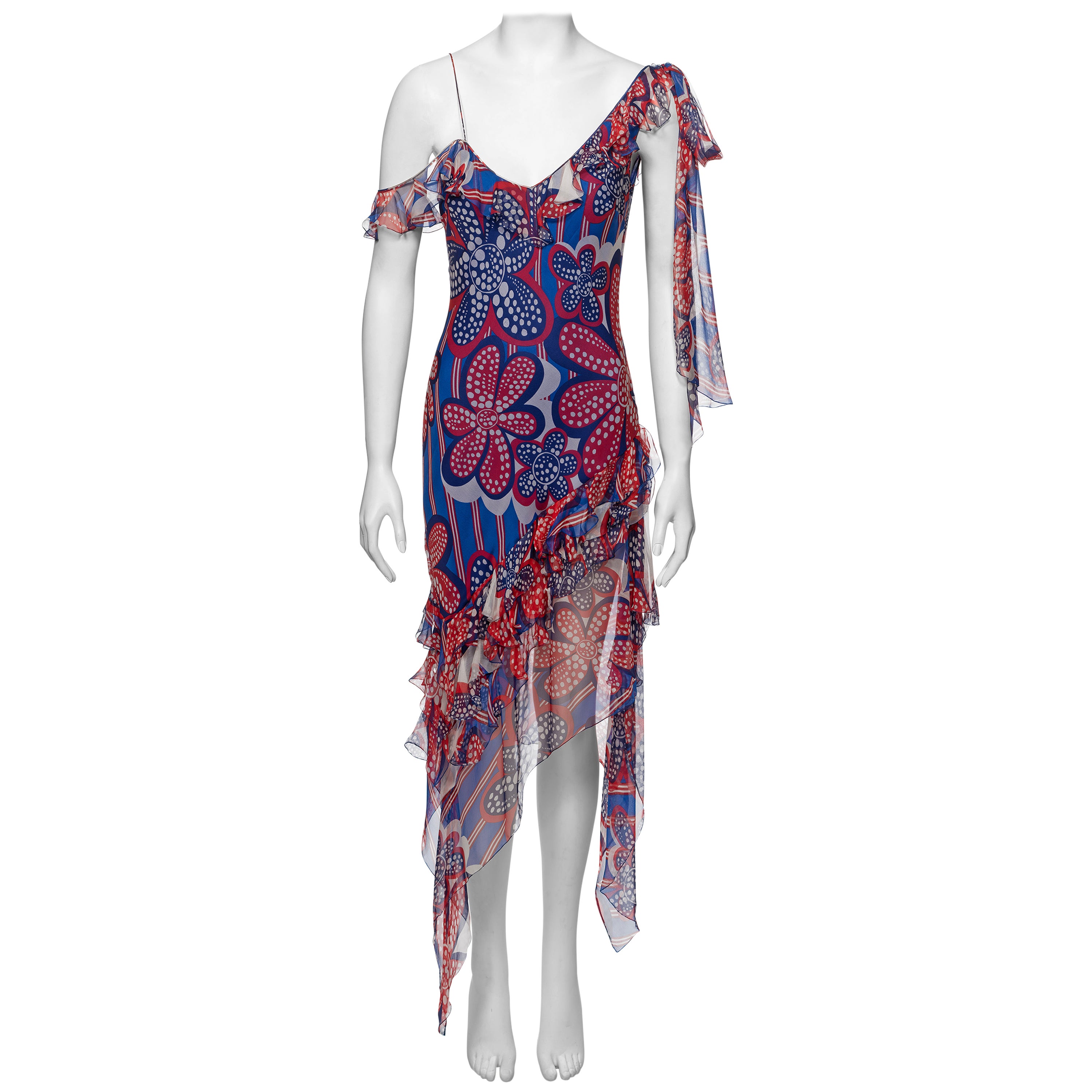 John Galliano Red and Blue Floral Print Silk Chiffon Slip Dress, SS 2002 For Sale