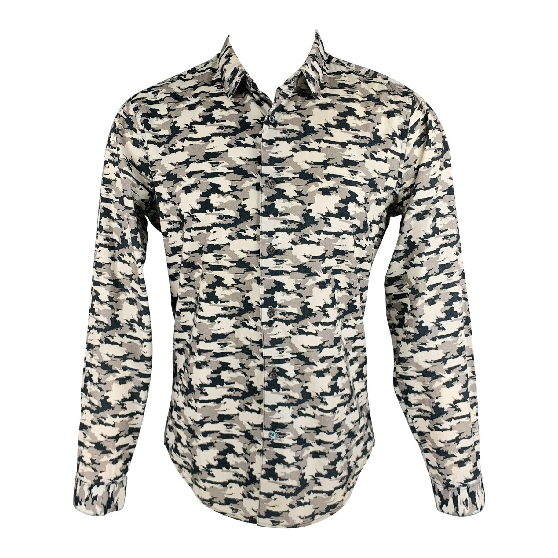 THEORY Size M Off White Black Camo Cotton Button Up Long Sleeve Shirt For Sale