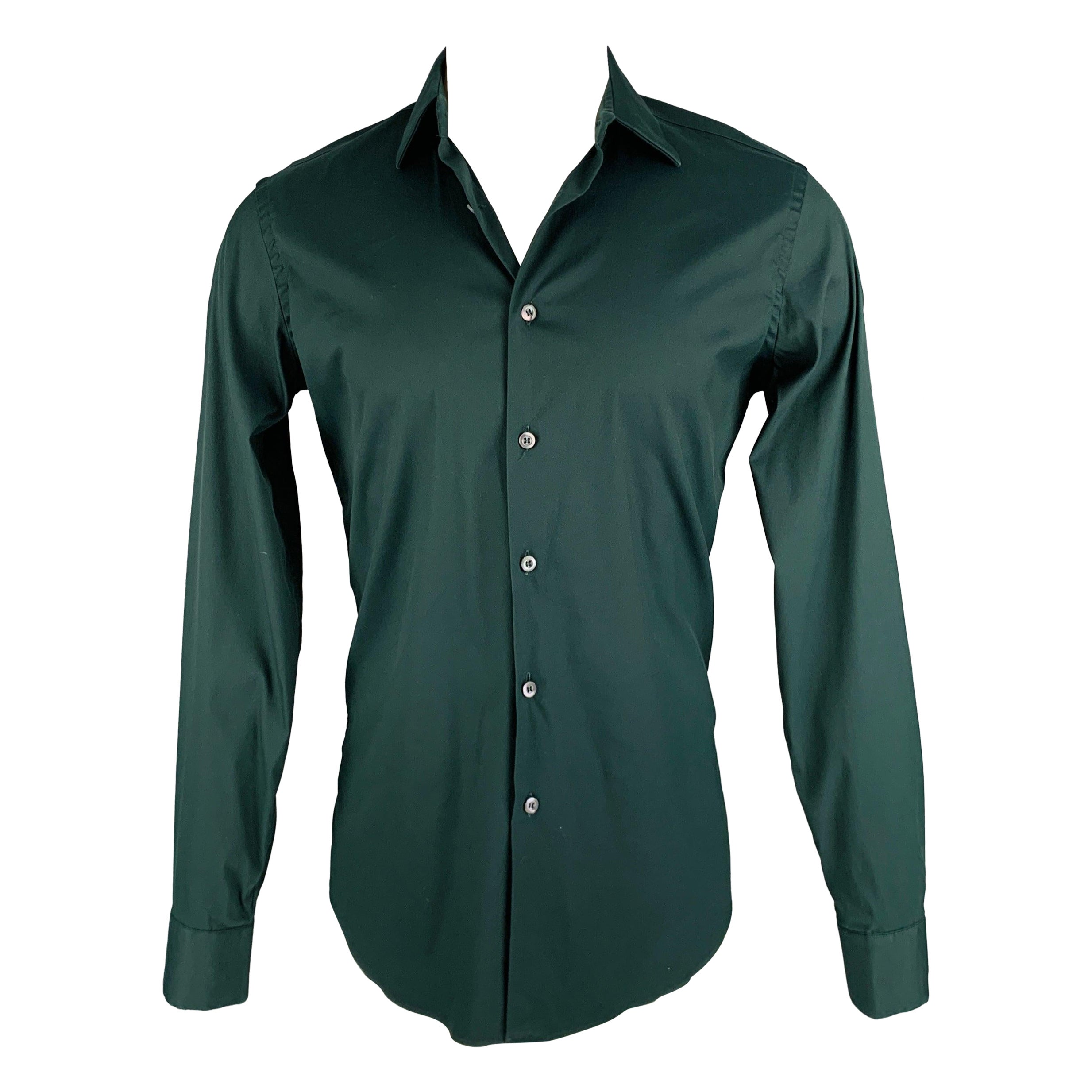 PRADA - Chemise à manches longues boutonnée en coton élastique vert, taille S en vente