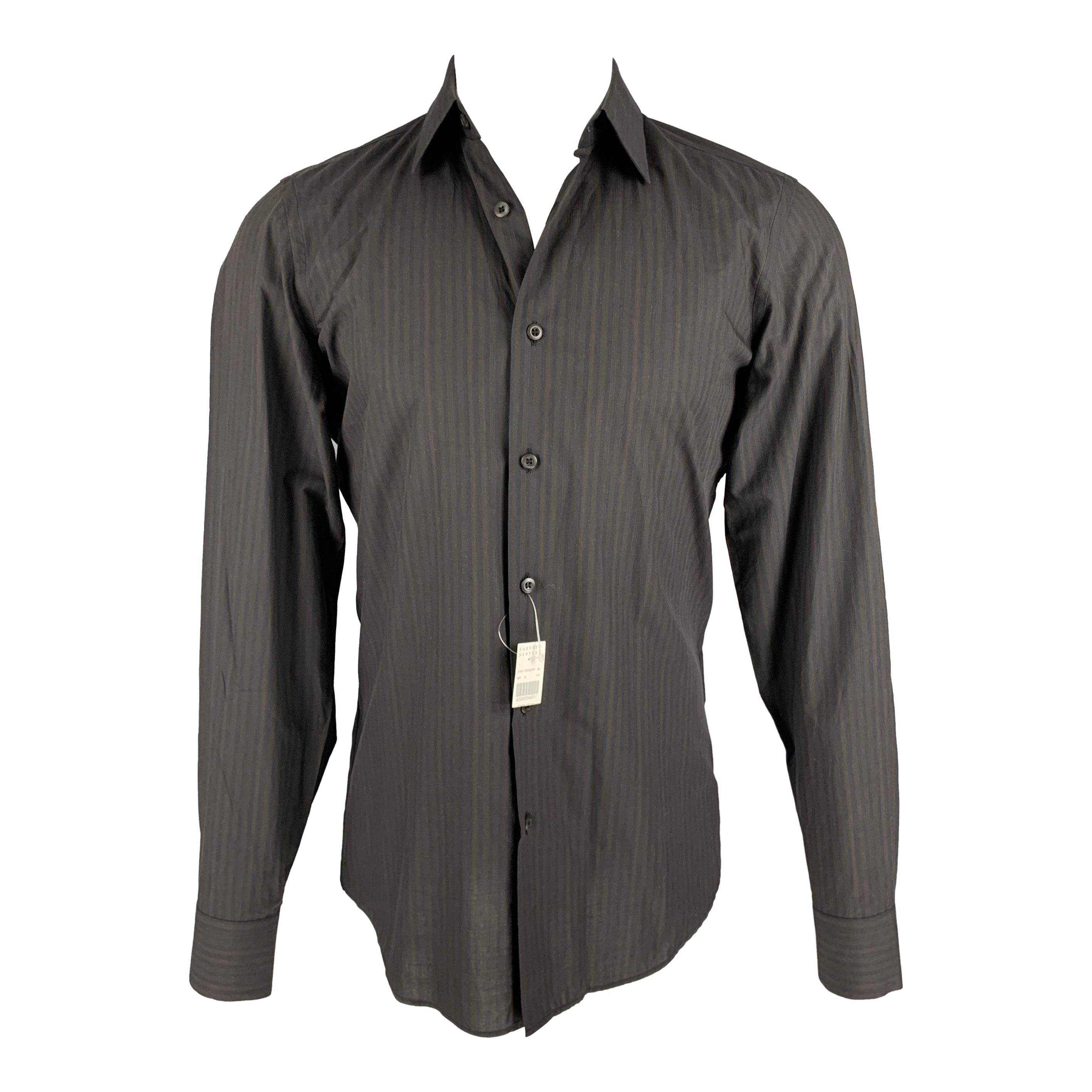 PRADA Size S Brown Black Stripe Cotton Button Up Long Sleeve Shirt For Sale