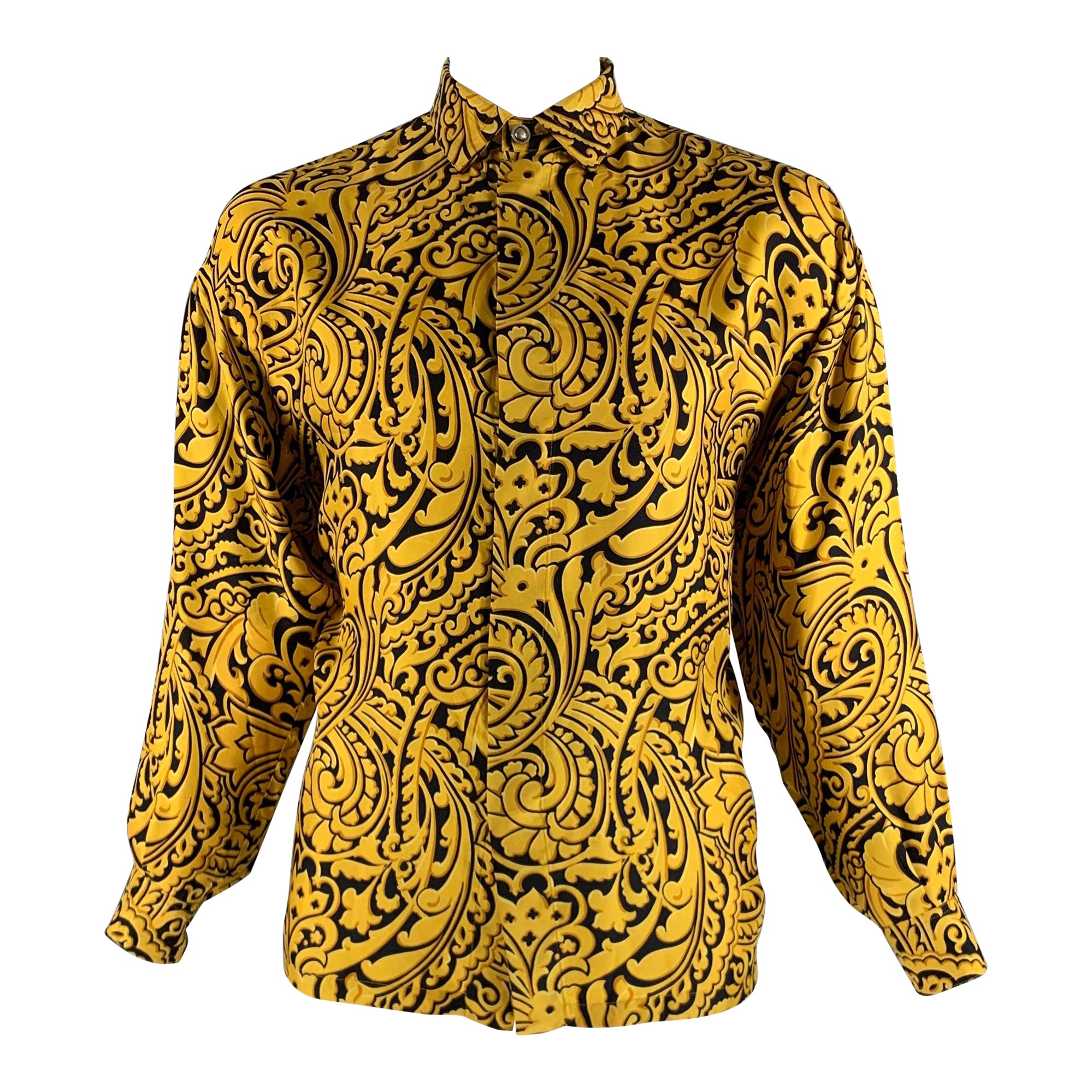 GIANNI VERSACE Size XS Gold Black Print Silk Hidden Placket Long Sleeve Shirt For Sale