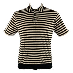 DRIES VAN NOTEN Size XL Black Cream Stripe Cotton Short Sleeve Polo