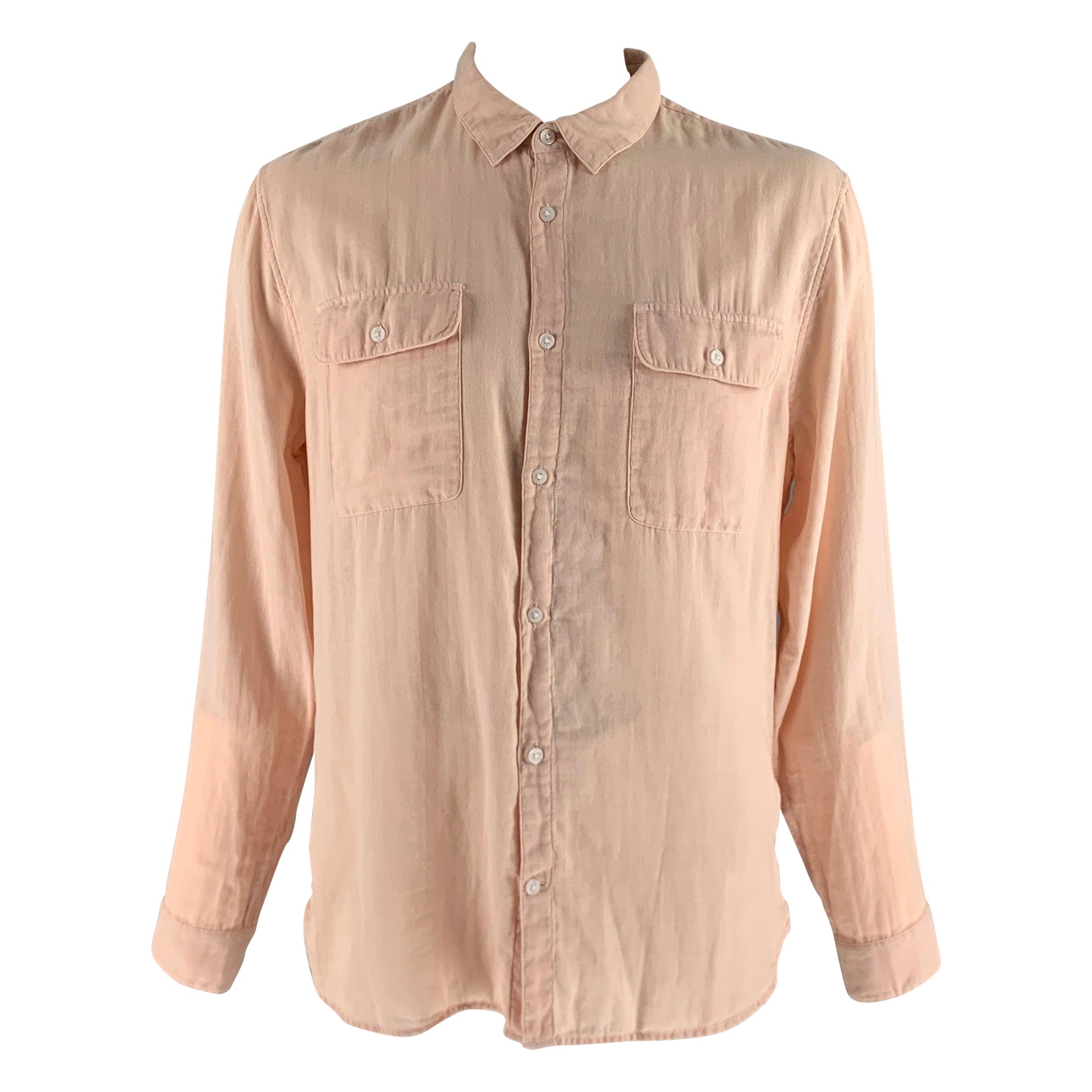 VINCE Size XL Orange Sorbet Cotton Long Sleeve Shirt For Sale