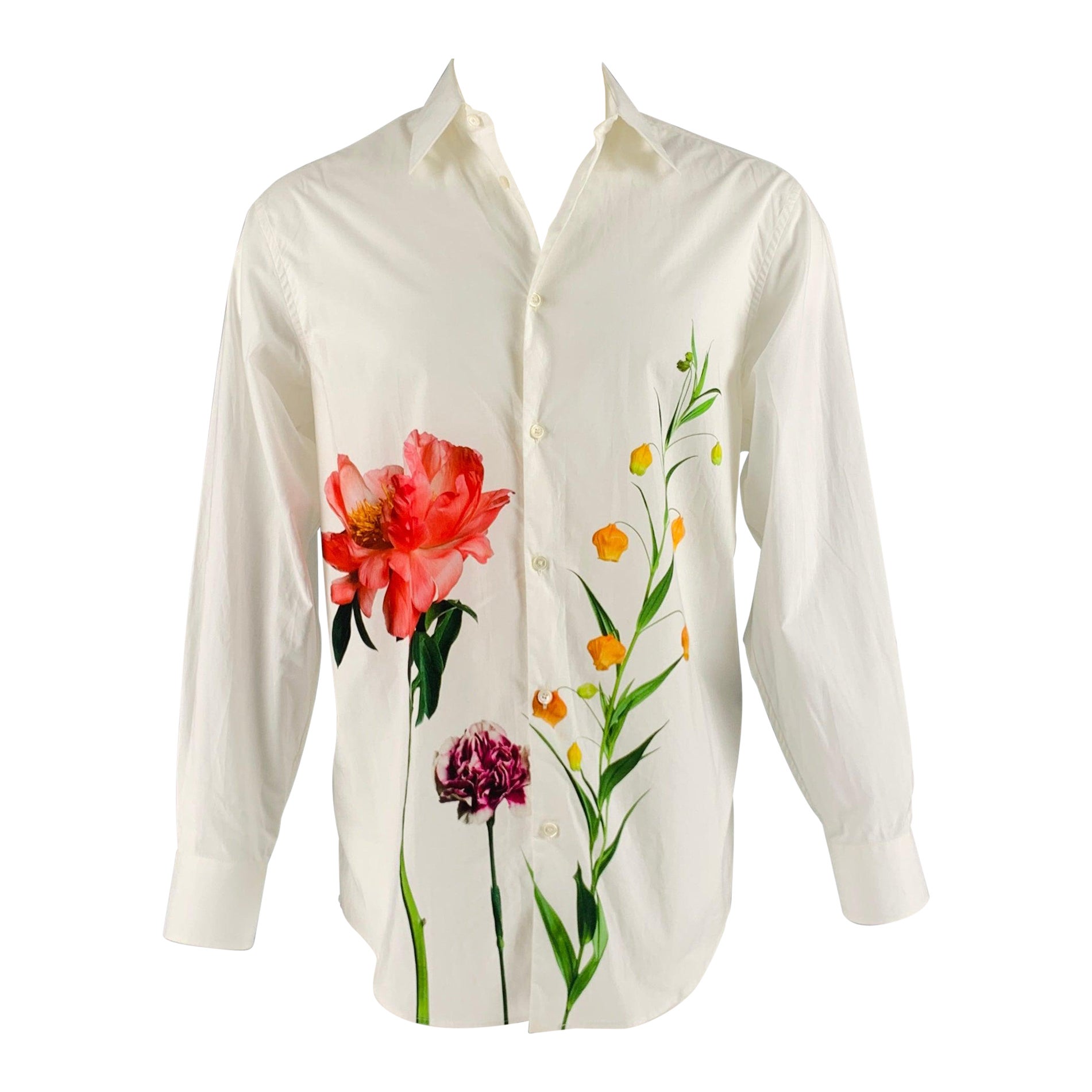 VALENTINO Size S White Floral Cotton Button Up Long Sleeve Shirt For Sale
