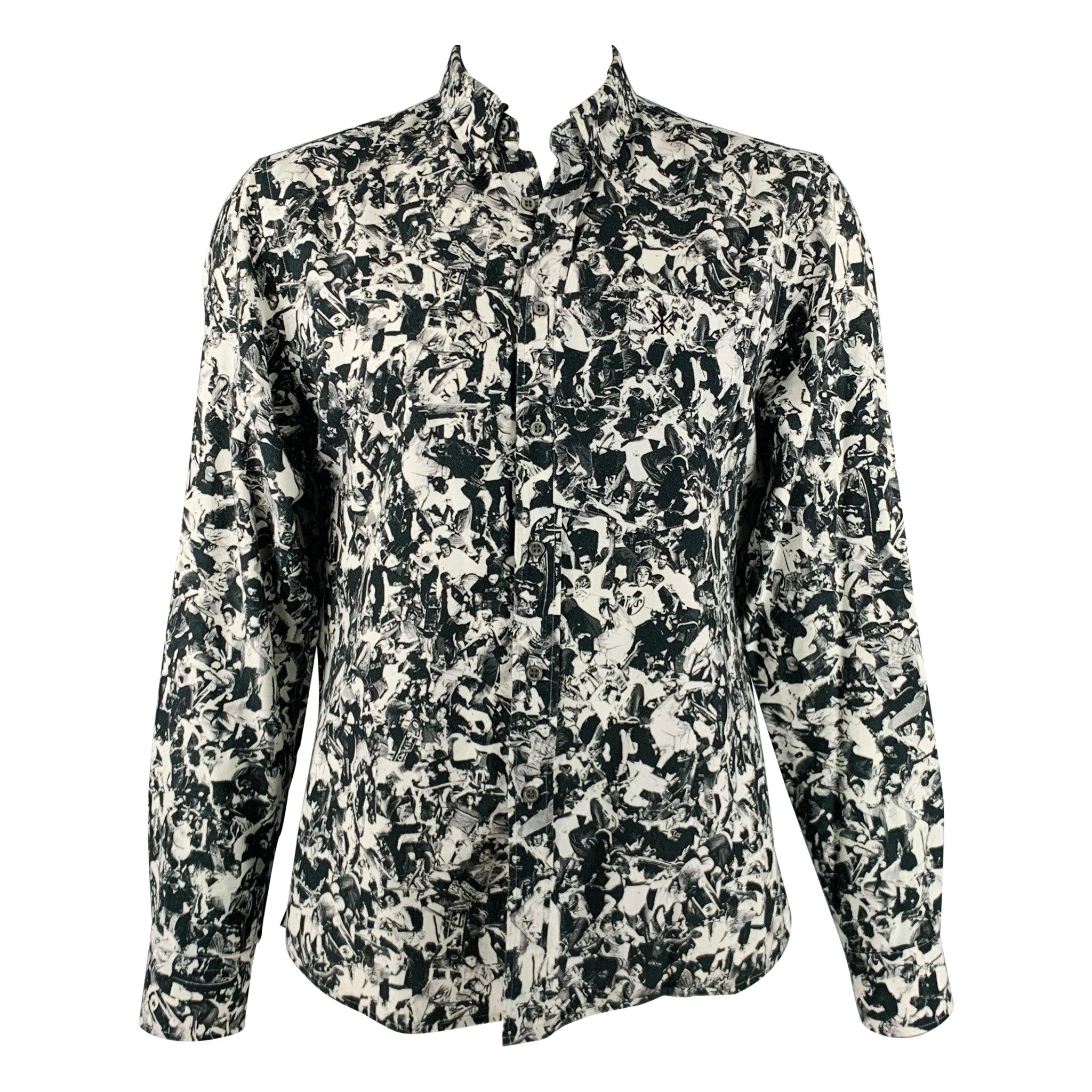 OPENING CEREMONY Size XL Black White Print Cotton Button Down Long Sleeve Shirt For Sale