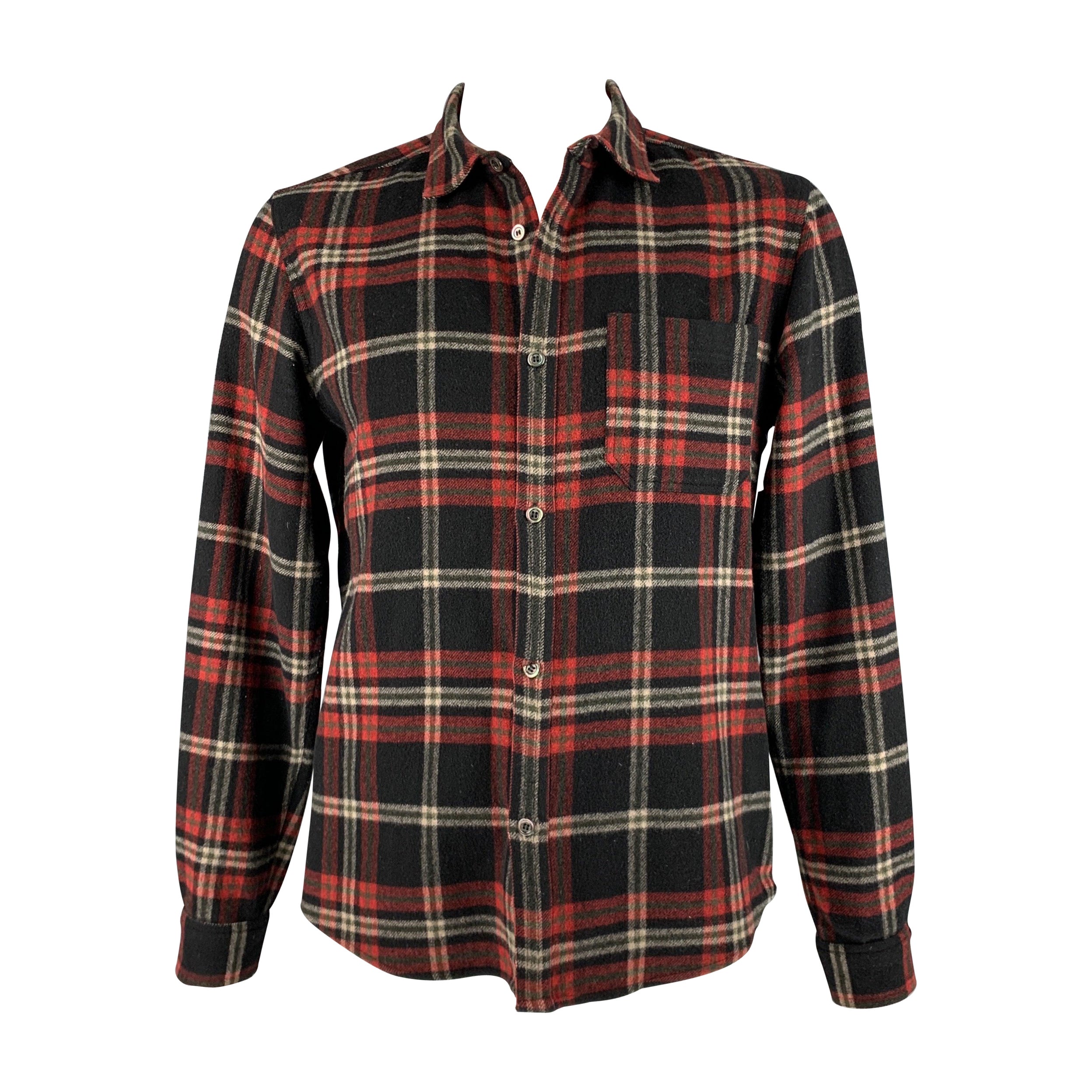 A.P.C. Size L Black Multi-Color Plaid Wool Nylon Button Up Long Sleeve Shirt For Sale