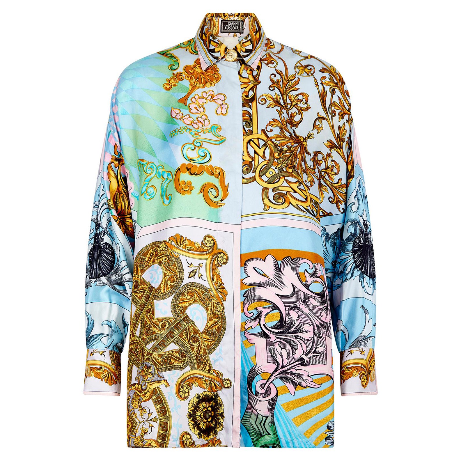 1992 Gianni Versace Runway Documented Baroque Print Silk Shirt For Sale
