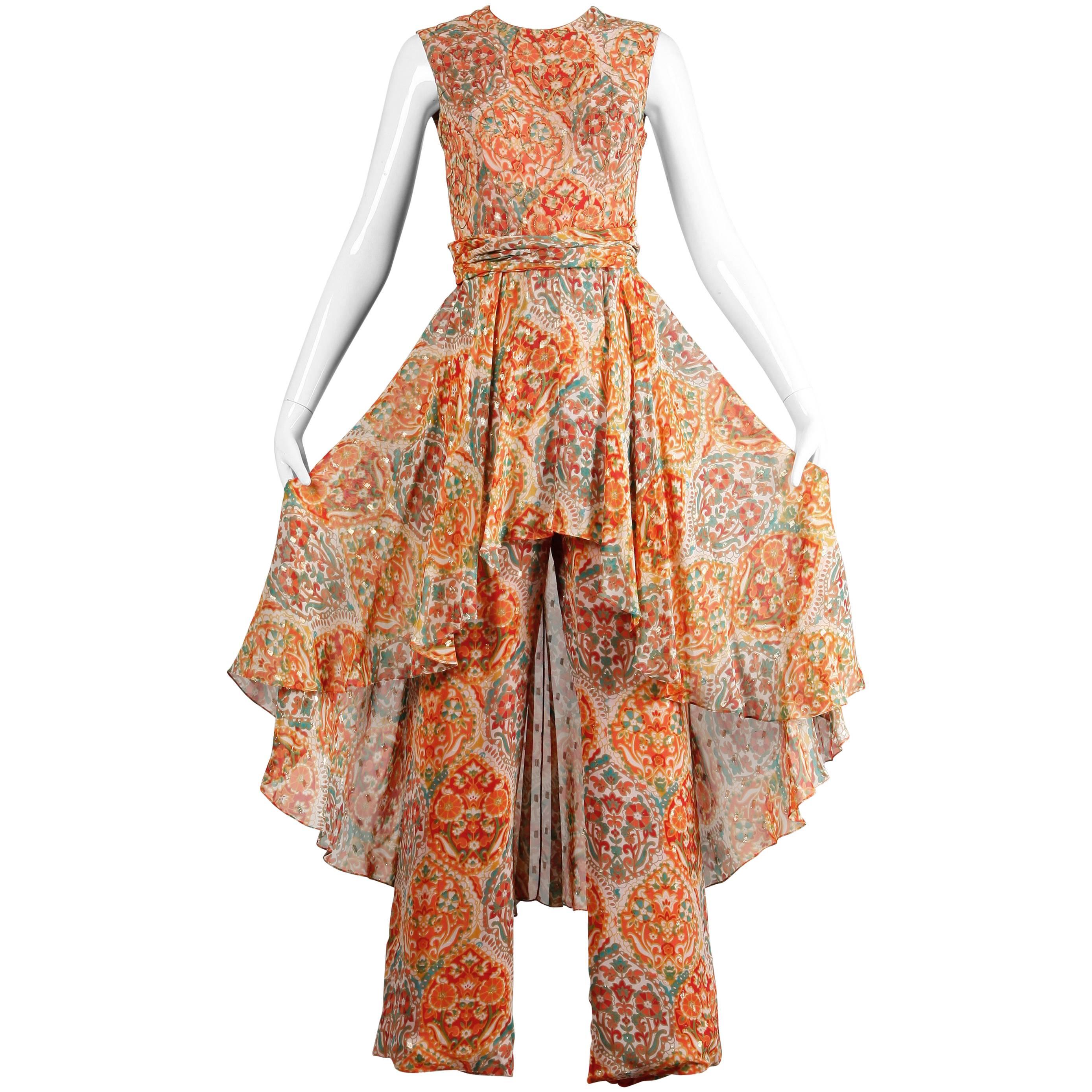 Oscar de la Renta 1960s Vintage Metallic Paisley Print Jumpsuit Dress with Skirt