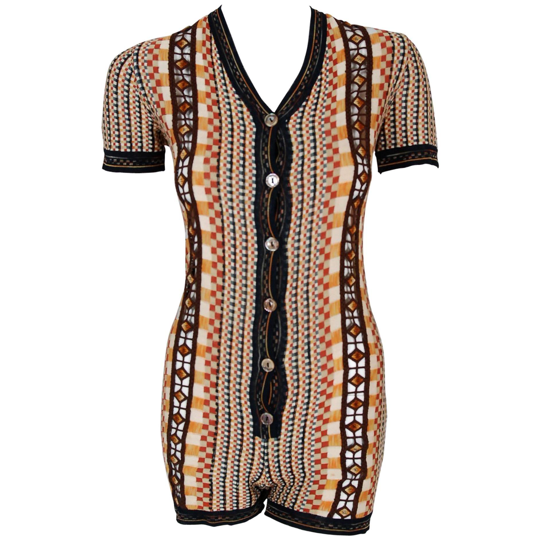 1990's Jean Paul Gaultier Graphic Silk Knit Cut-Out Hourglass Playsuit Romper