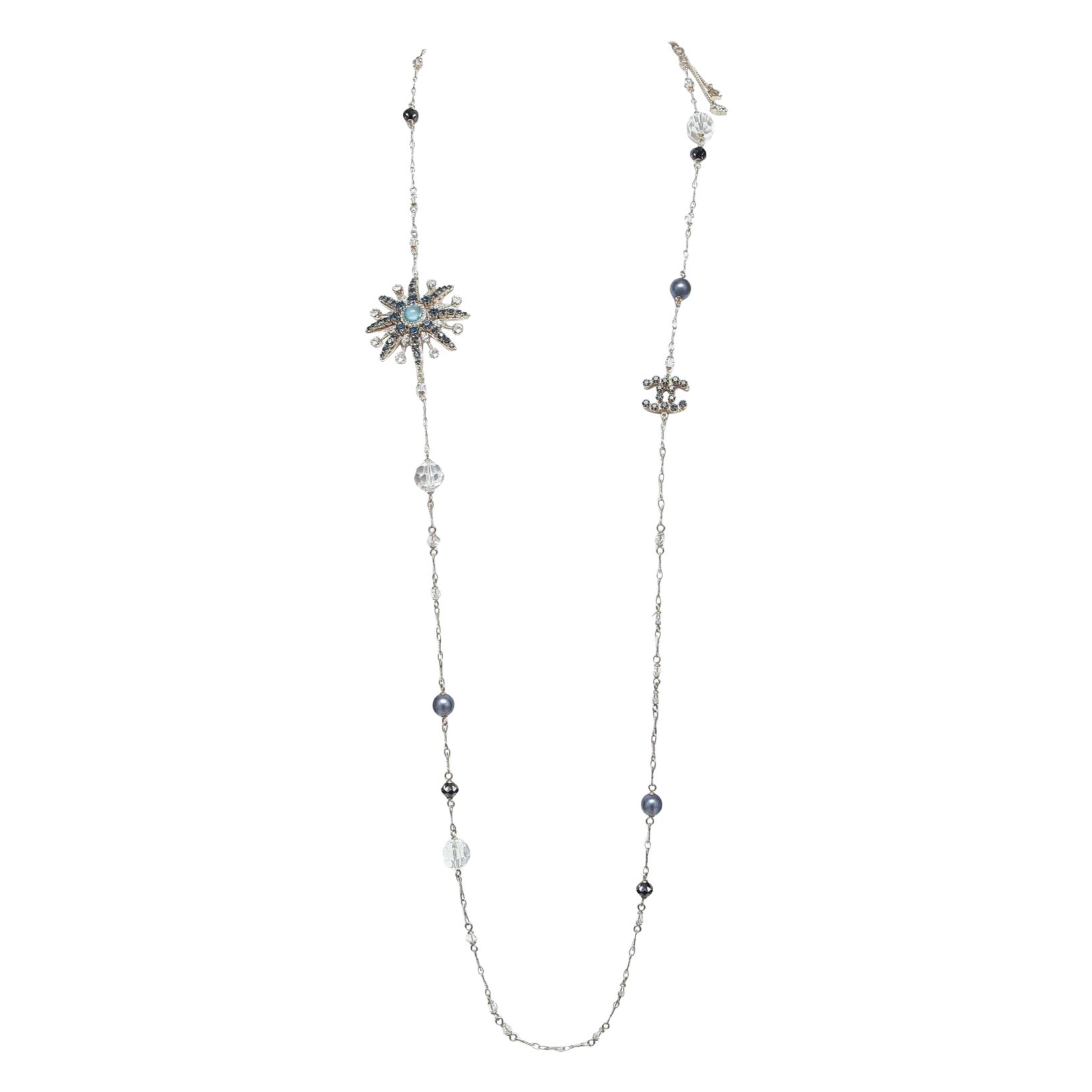 CHANEL Necklace Gold Blue White Crystals Starburst Pearls Charm Chain 2010 For Sale