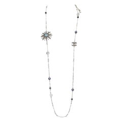 CHANEL Necklace Gold Blue White Crystals Starburst Pearls Charm Chain 2010