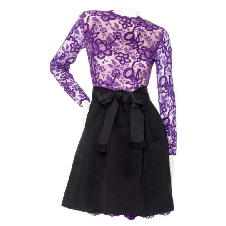 James Galanos Vintage Purple and Black Lace Bow Dress (1980s) For Sale
