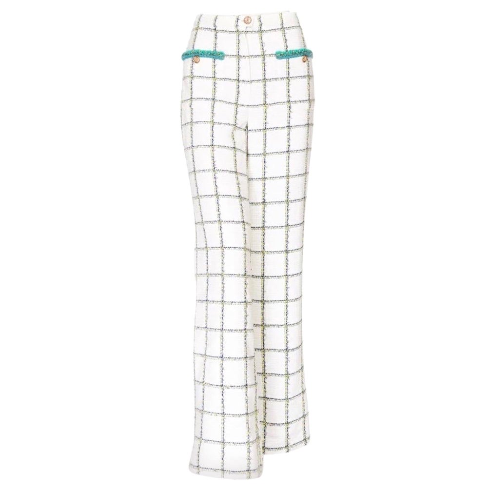 Chanel White Checkered Tweed Patch Pocket Wide-Leg Pants Cruise 2021