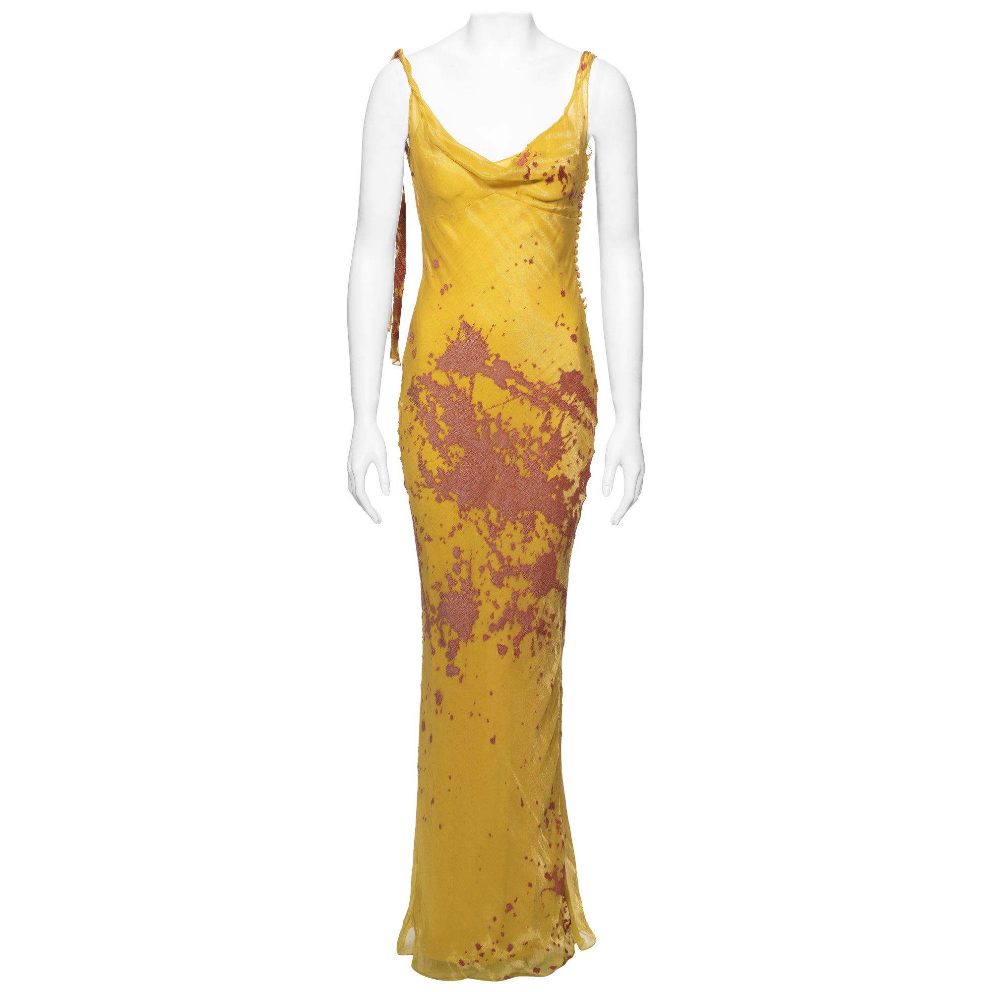 John Galliano Metallic Yellow and Peach Lamé and Silk Evening Dress, FW 2000 For Sale