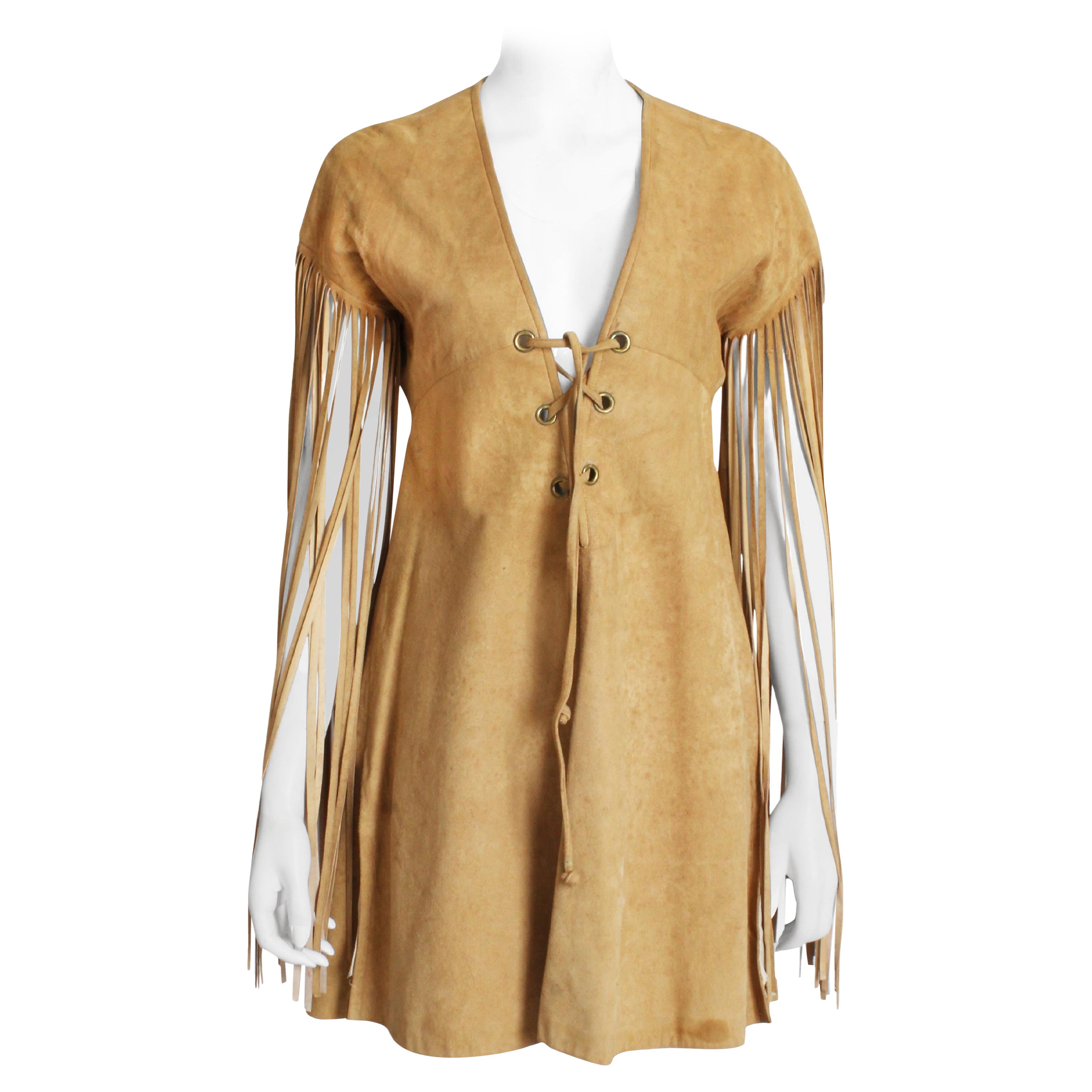 Bonnie Cashin for Sills Vestido Túnica Larga Flecos Gamuza Vintage Años 70 Raro en venta