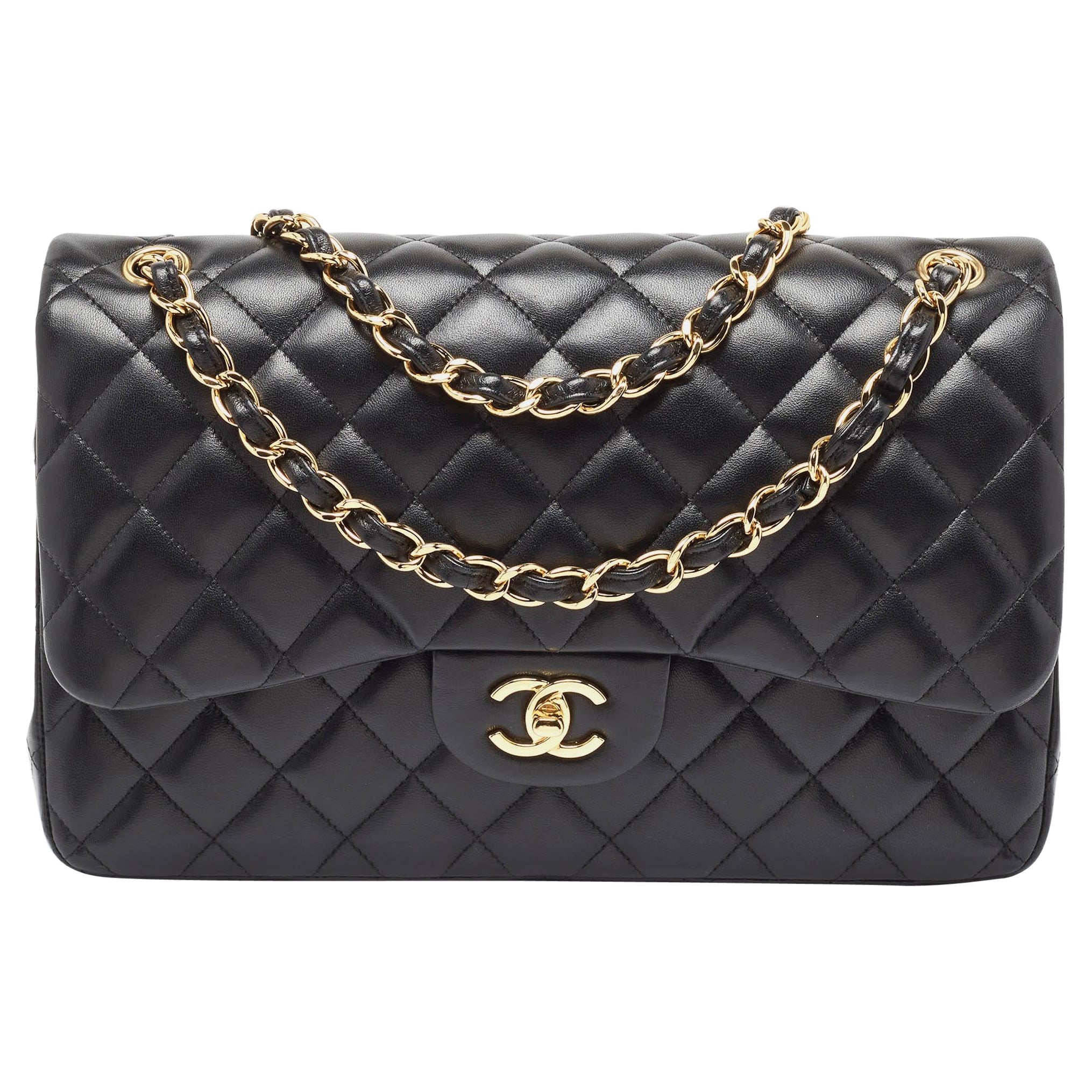 Chanel Black Quilted Leather Jumbo Classic Double Flap Bag For Sale