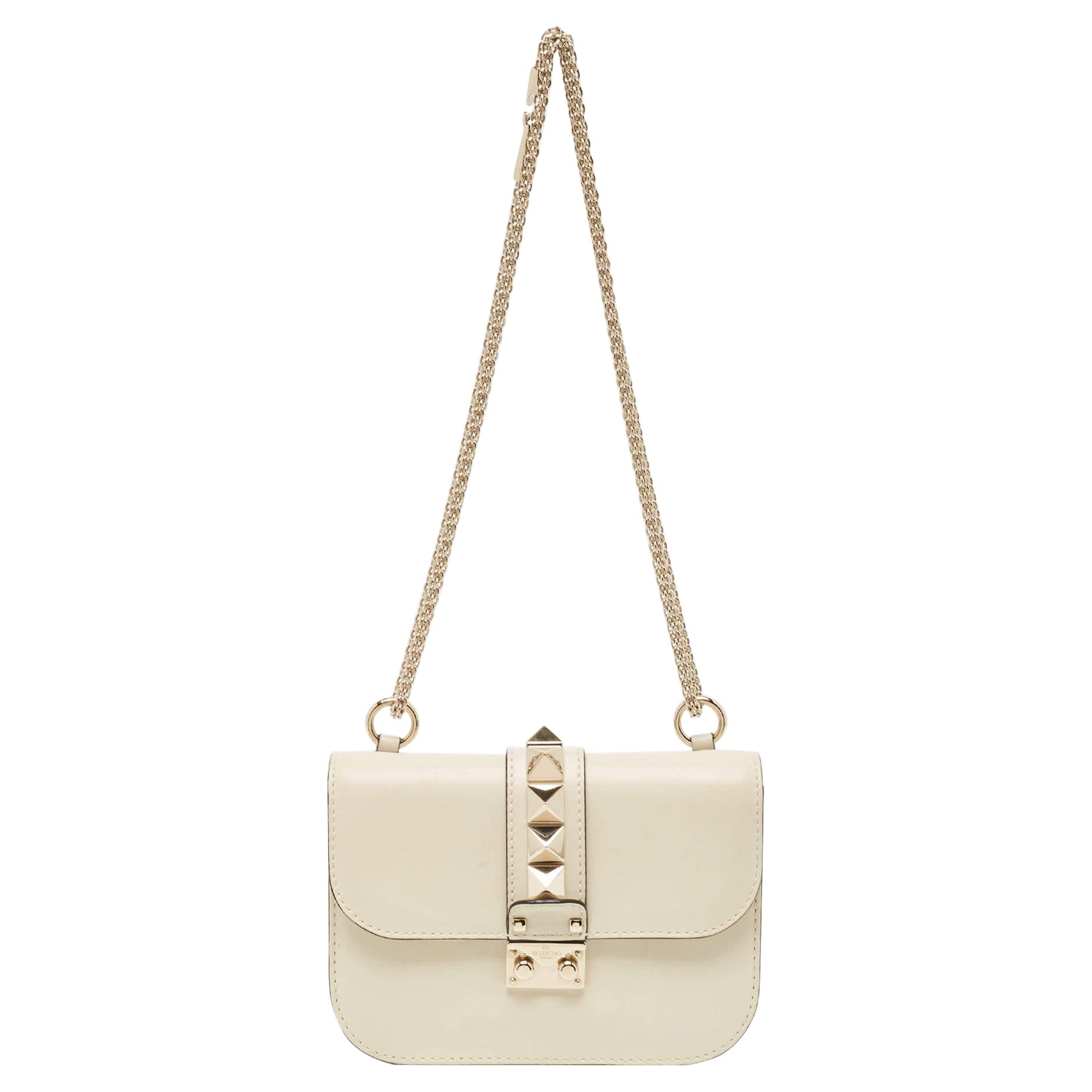 Valentino Off White Leather Small Rockstud Glam Lock Flap Bag For Sale