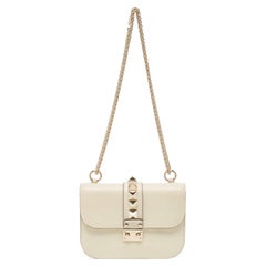 Valentino Off White Leather Small Rockstud Glam Lock Flap Bag