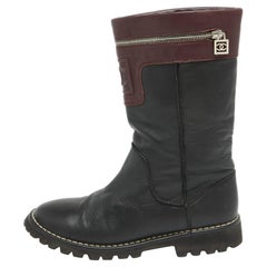 Chanel Schwarz/Burgundy Leder CC Mid Calf Stiefel Größe 39.5