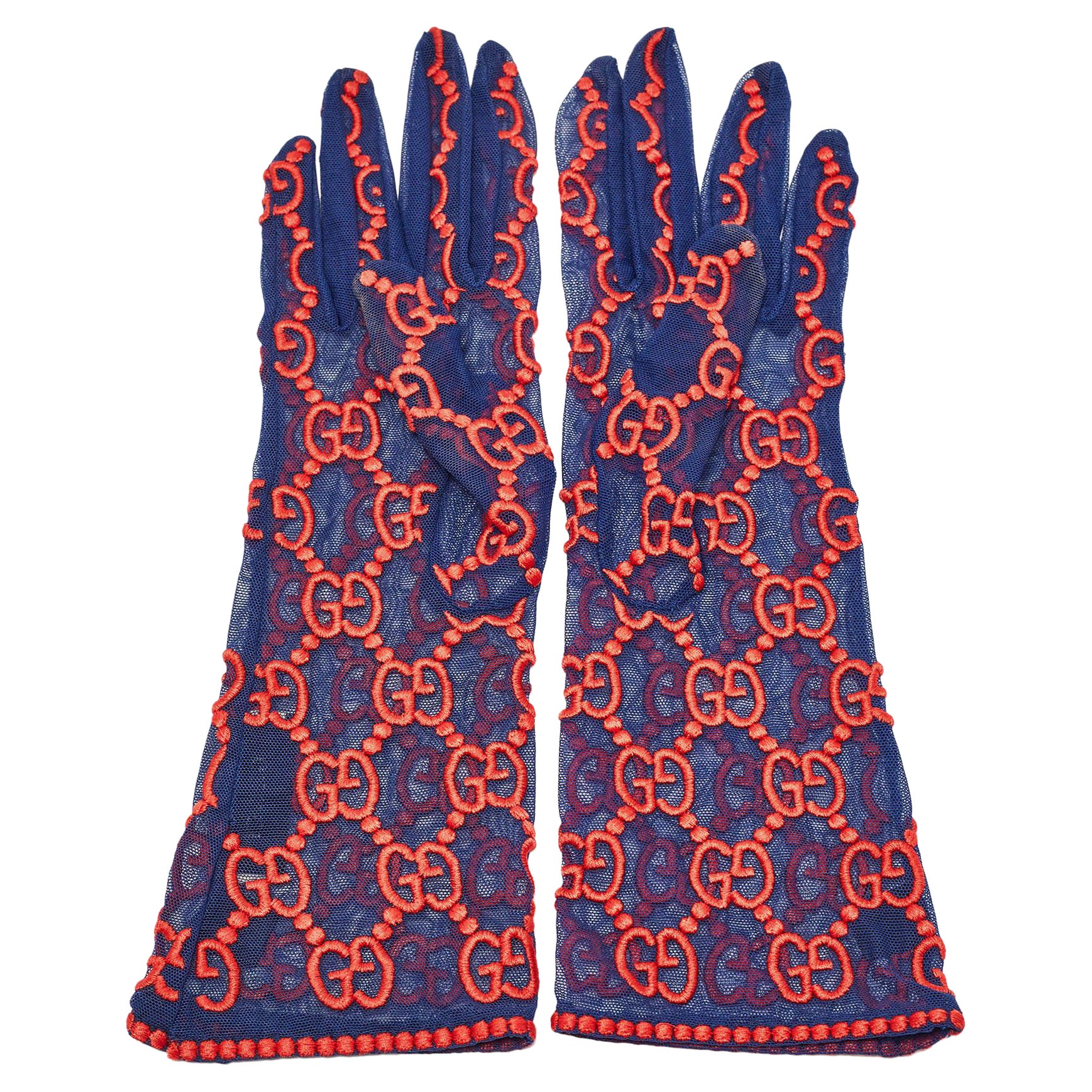 Gucci Blue/Red GG Embroidered Tulle Gloves M For Sale