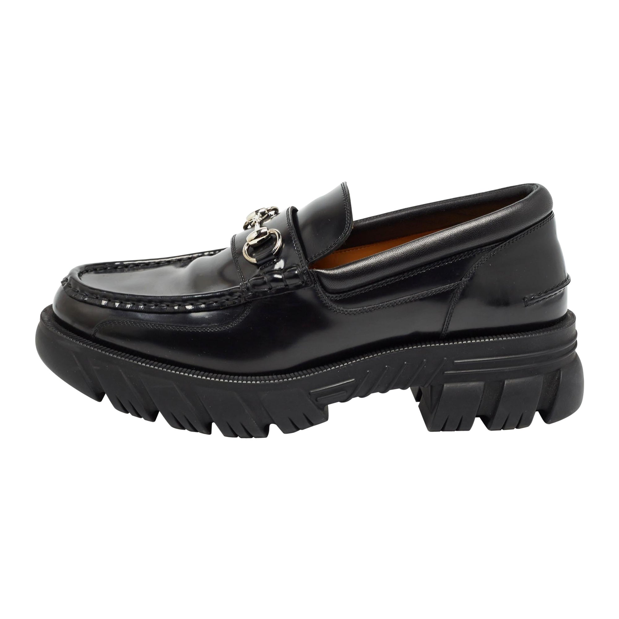 Gucci Black Leather Horsebit Slip On Loafers Size 44.5 For Sale