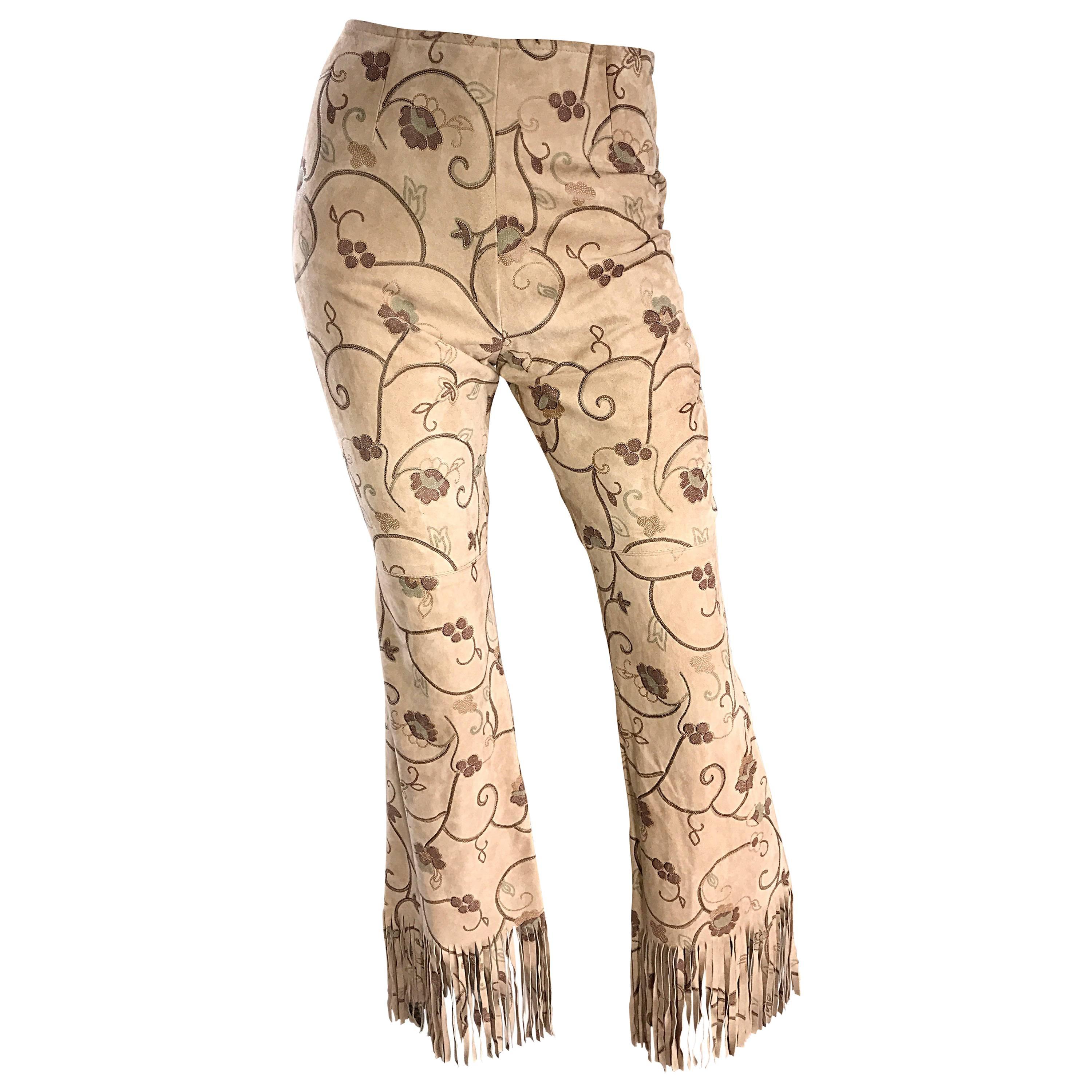 Amazing Vintage Escade Suede Leather Hand Painted Fringe 90s Flare Leg Pants 38 For Sale