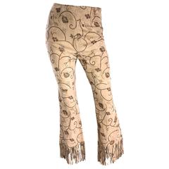 Amazing Vintage Escade Suede Leather Hand Painted Fringe 90s Flare Leg Pants 38 12