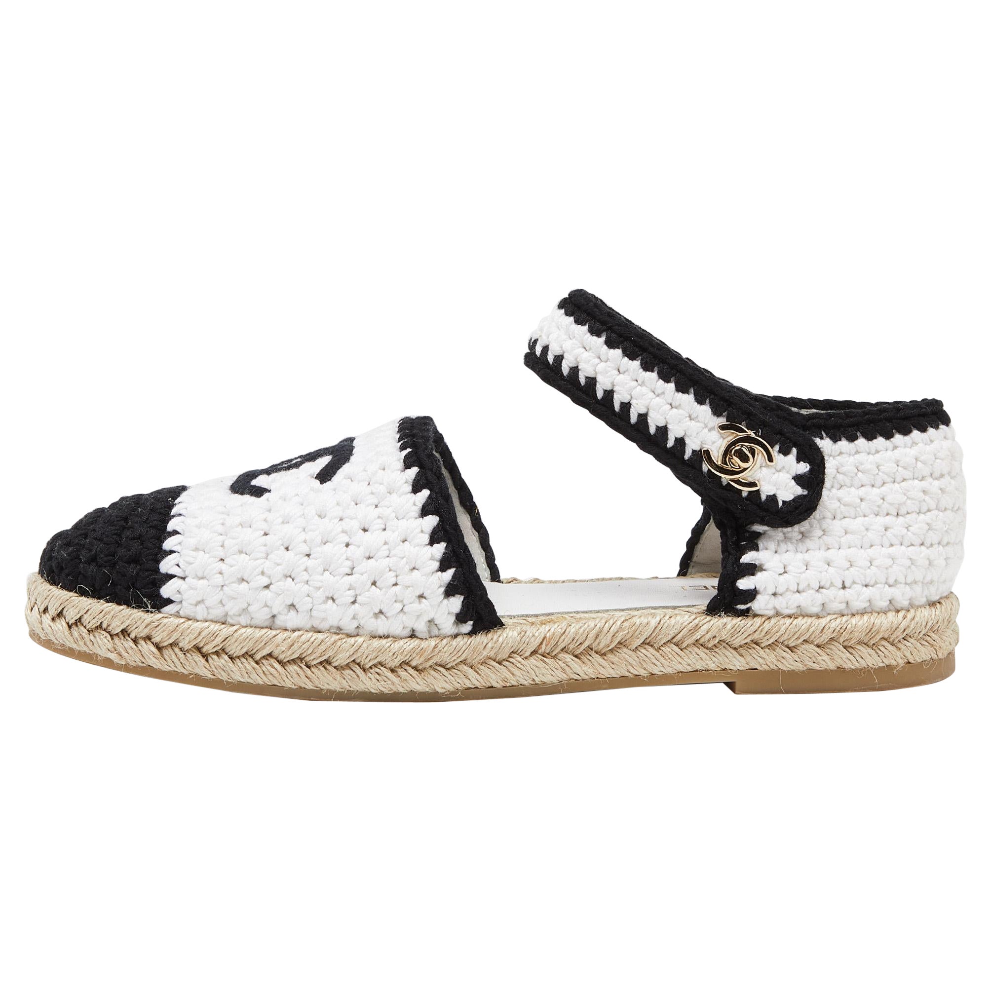 Chanel White/Black Crochet Cotton Blend Ankle Strap Espadrilles Size 40