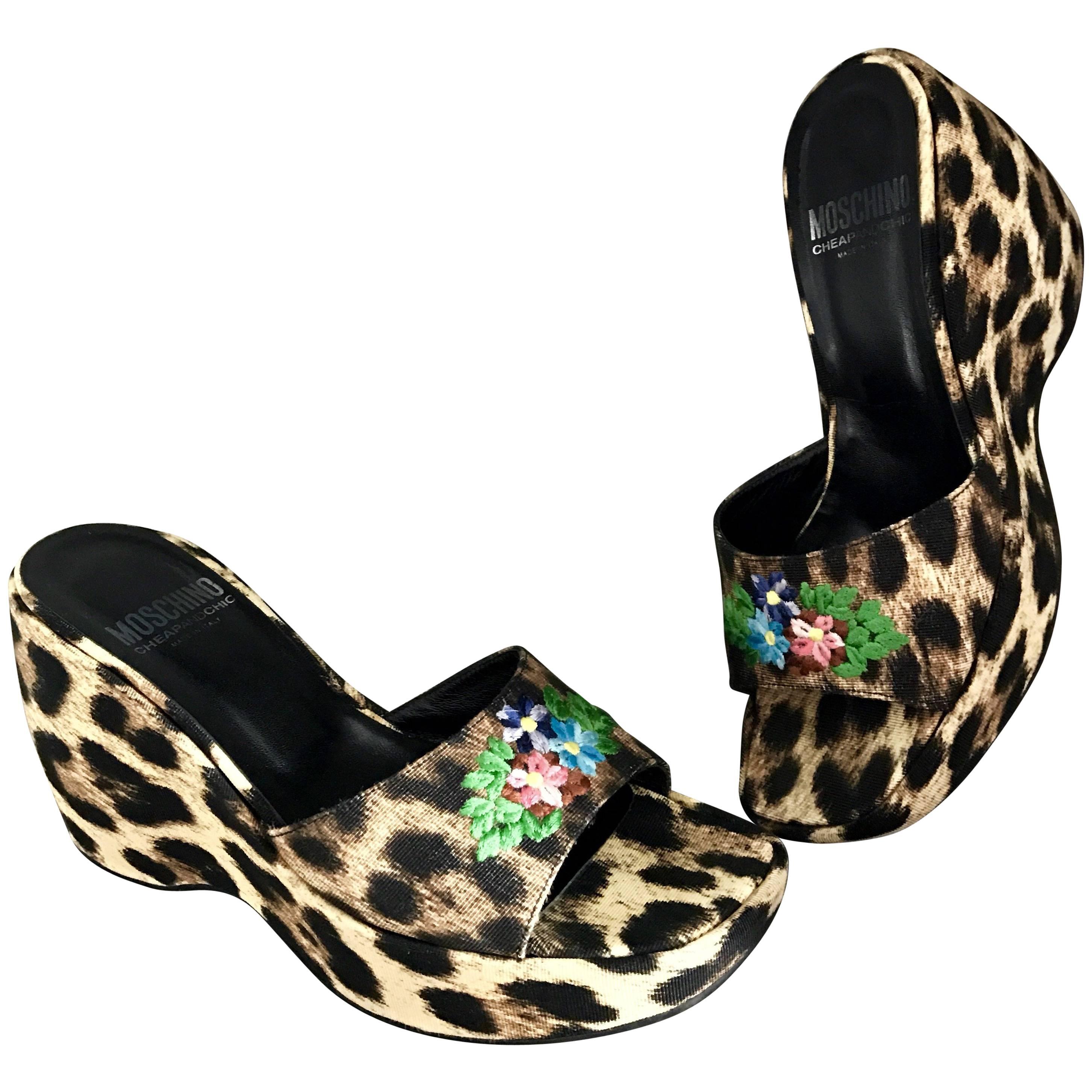 New Vintage Moschino Cheap & Chic 1990s Leopard + Flower Embroidered Wedges 36 6 For Sale