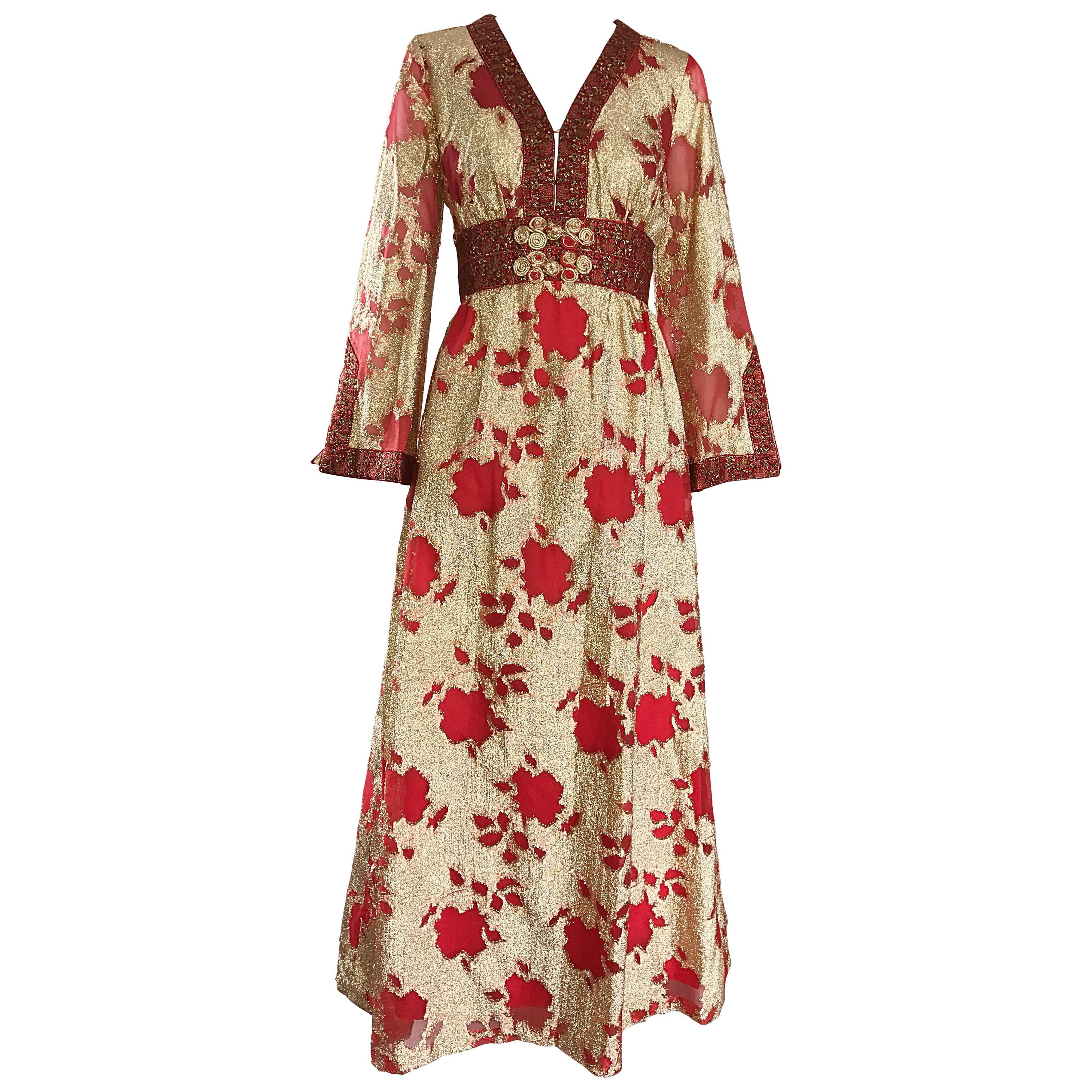 Bill Blass Vintage Red and Gold Silk Lurex Asian Inspired Gown, 1970s  For Sale