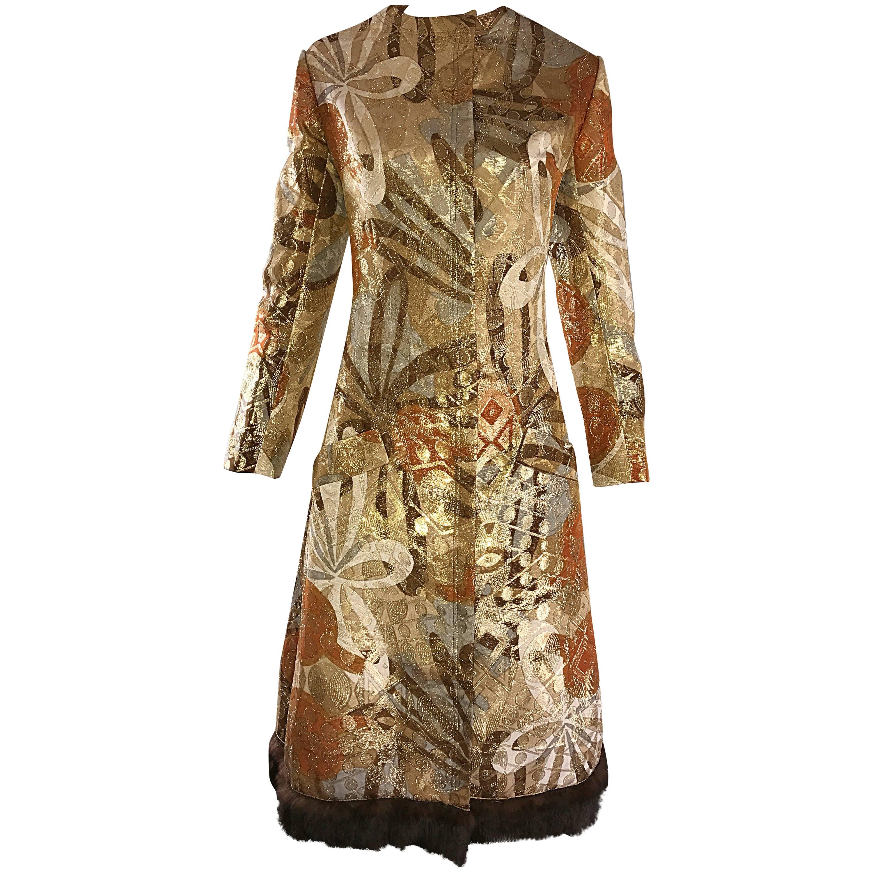 Bill Blass 1960s Vintage Silk Metallic 60s Mink Trimmed Dress Jacket Swing Coat  For Sale