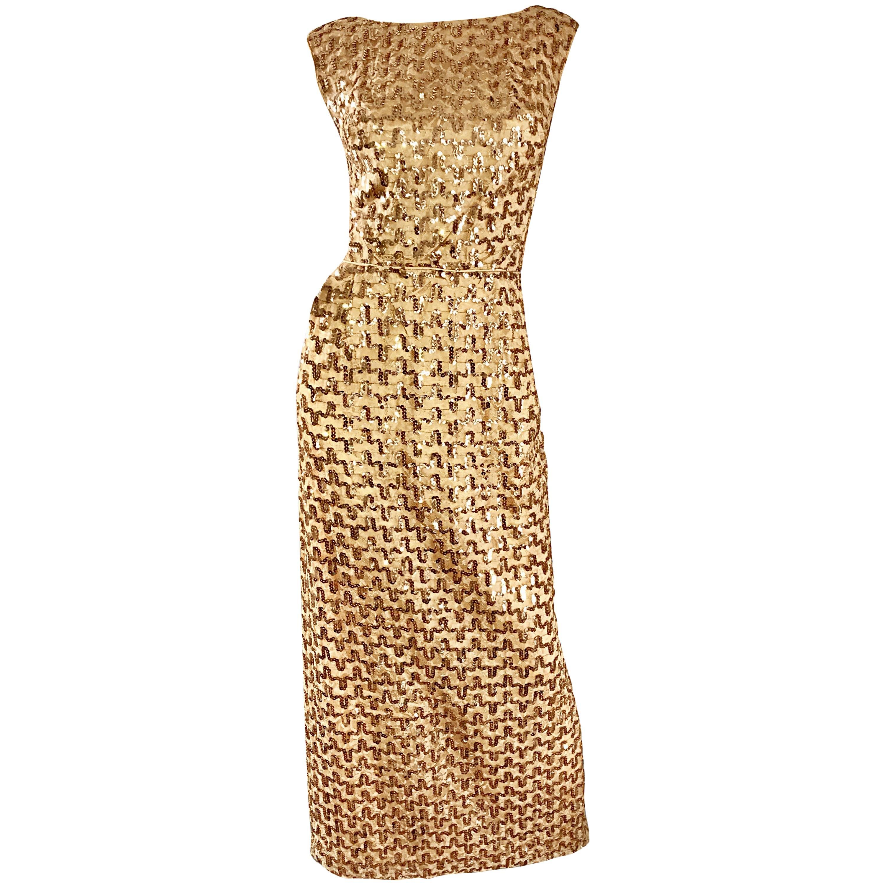 Amazing 1960s Vintage Gold Silk Fully Sequined Sleeveless 60s Evening Gown Dress For Sale