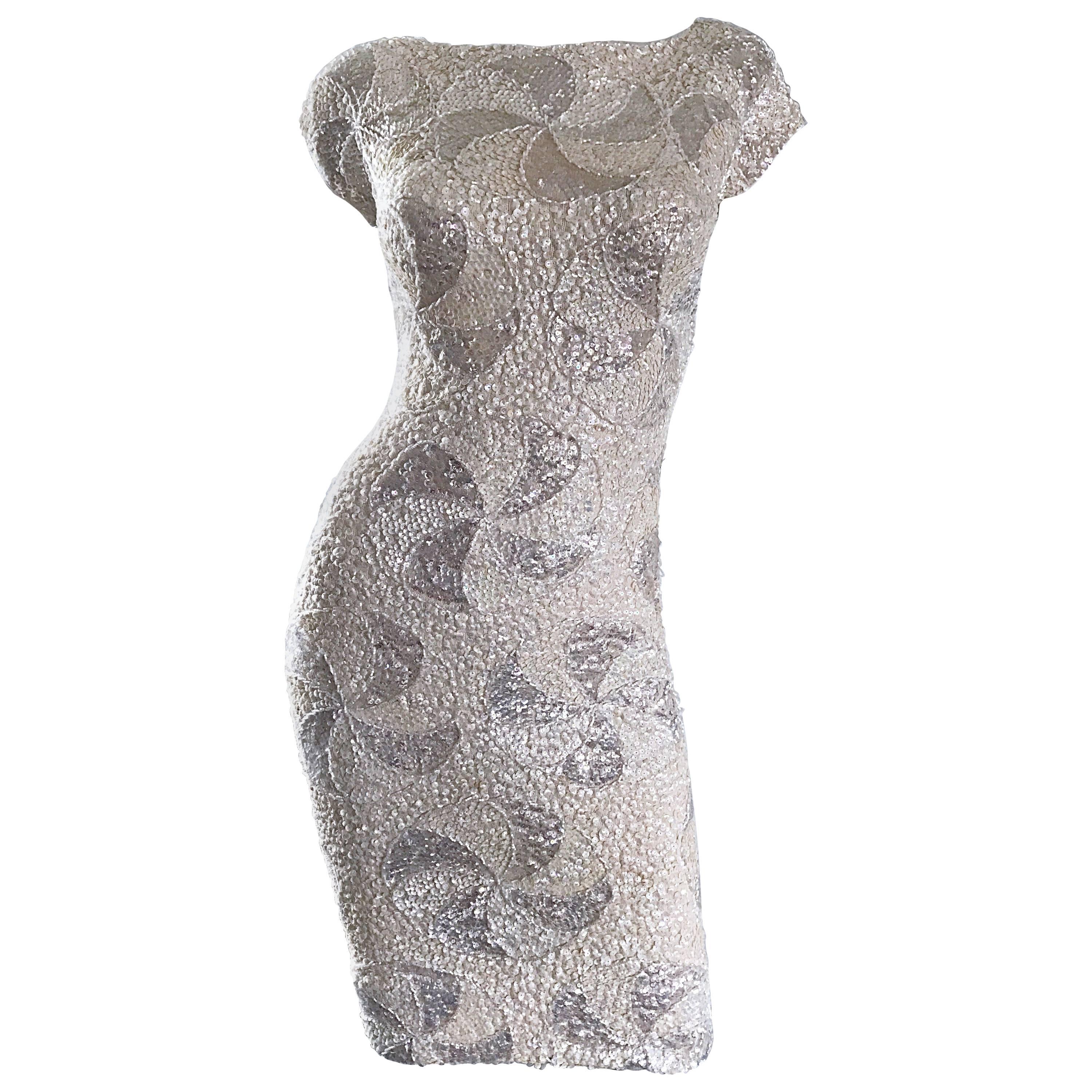 Gene Shelly Ivory White Wool Knit Fully Sequined Vintage Wiggle Dress, 1950s