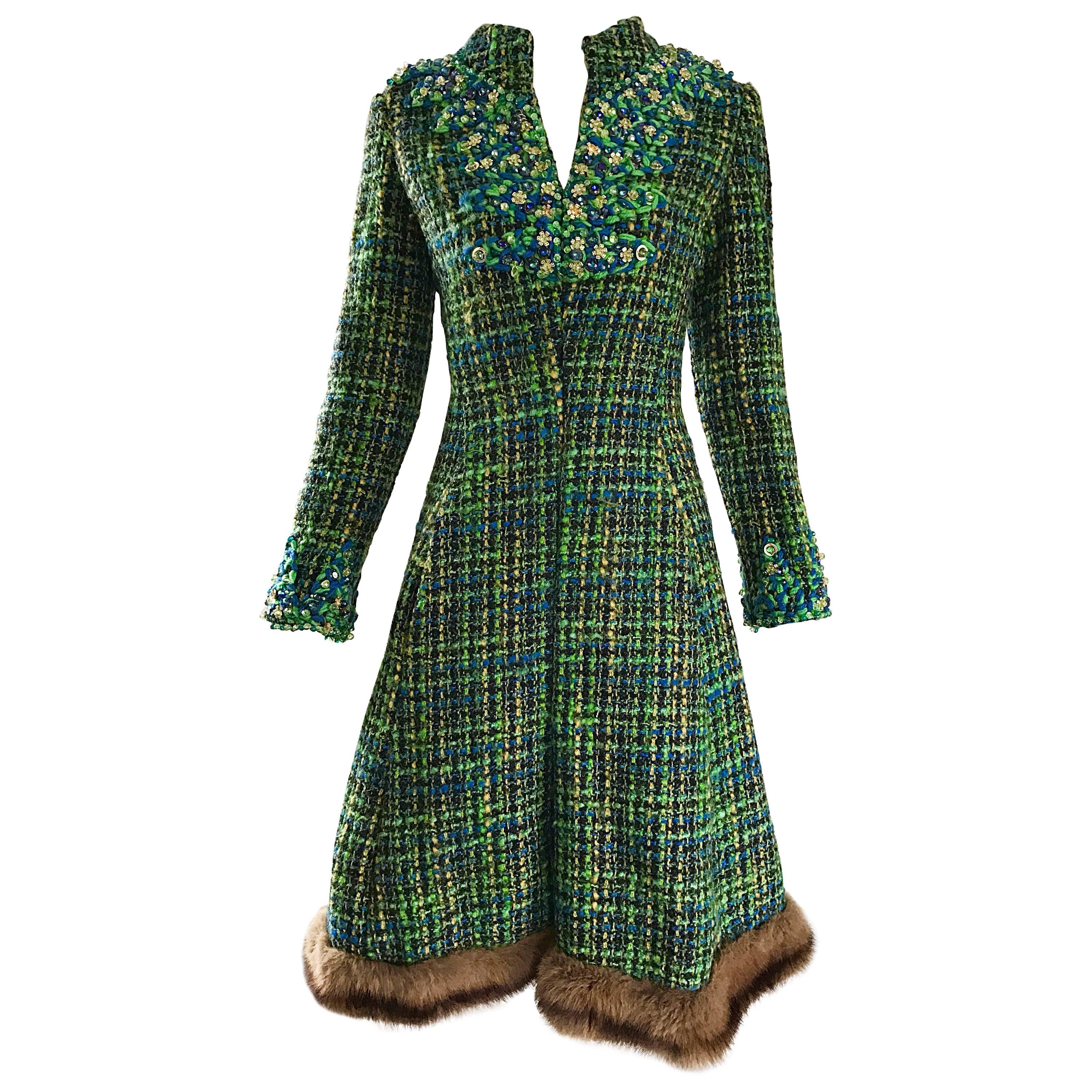 1960s Julius Garfinckel Blue and Green Boucle Beaded Mink Fur Trim A Line Dress For Sale