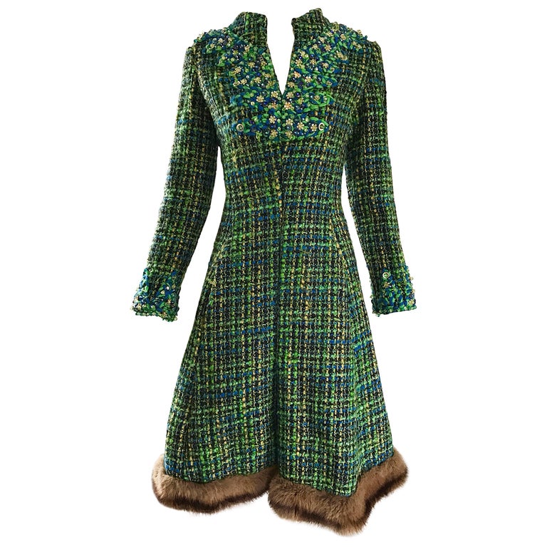 1960s Julius Garfinckel Blue And Green Boucle Beaded Mink Fur Trim A Line Dress