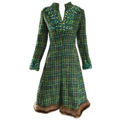 1960s Julius Garfinckel Blue and Green Boucle Beaded Mink Fur Trim A Line Dress