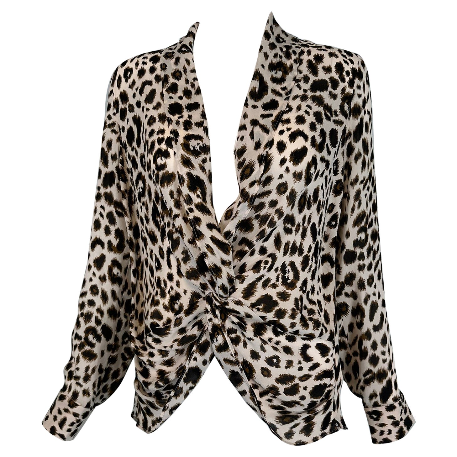L’AGENCE Leopard Print Silk Plunge V Neckline Twisted Wrap Blouse XS For Sale