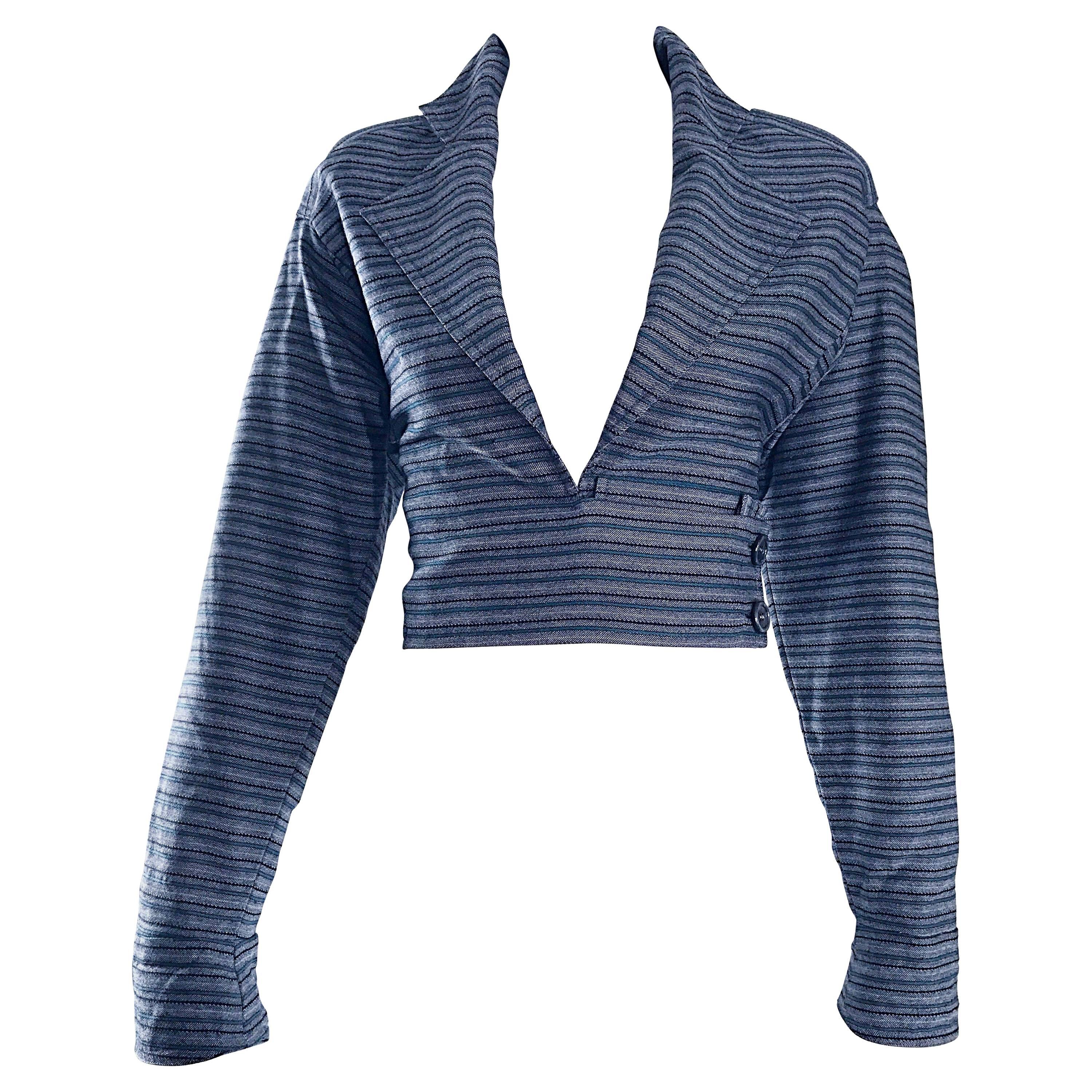 Giacca bolero chic vintage di Bernard Perris a righe grigie + blu + verdi in vendita