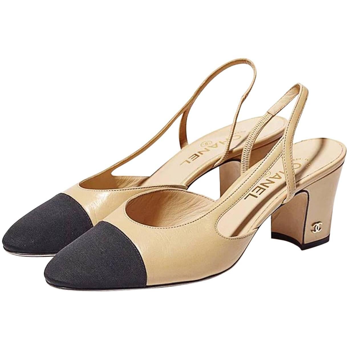 Chanel NEW & SOLD OUT Black Beige Tan Leather Cap Toe Slingback Heels in Box
