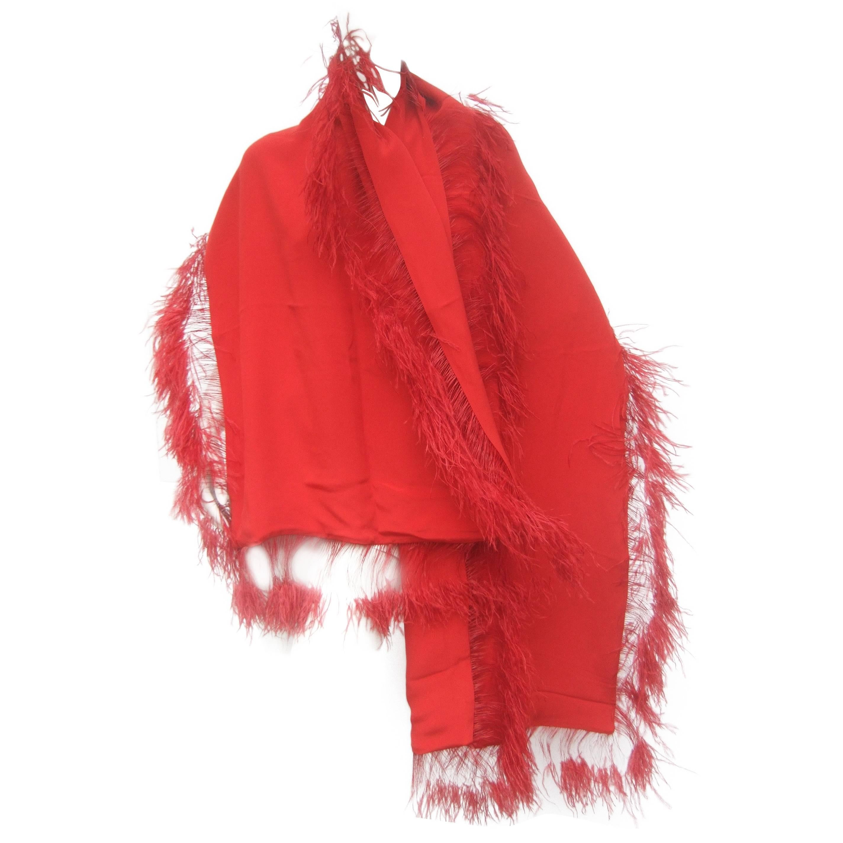 Neiman Marcus Dramatic Scarlet Feather Trim Silk Wrap 