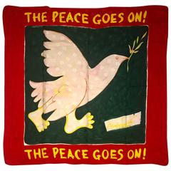 Moschino Vintage 1980s The Peace Goes On Red Silk Dove Olive Branch Scarf