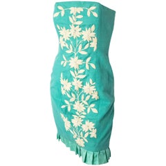 80s Teal Linen Strapless Dress with Floral Embroidery 