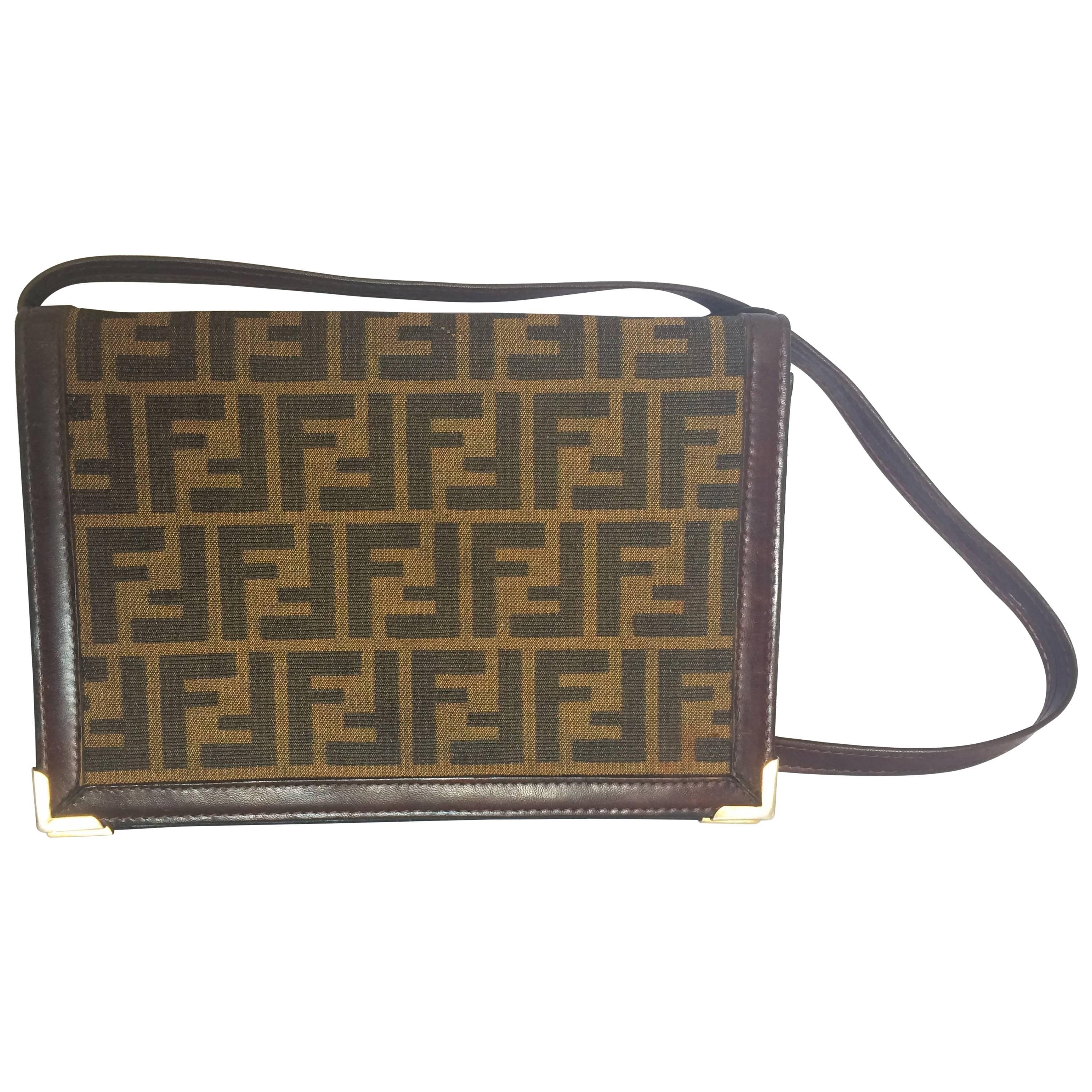 Vintage Fendi jacquard fabric shoulder purse, clutch bag with leather trimmings.
