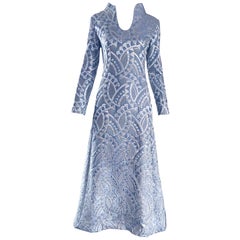 Retro Rizkallah for Malcolm Starr Light Baby Blue and Silver Silk Brocade Gown, 1960s 
