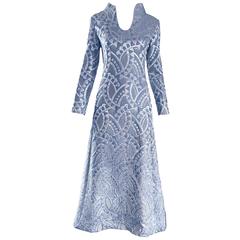Rizkallah for Malcolm Starr 1960s Light Baby Blue + Silver Silk Brocade Gown 2