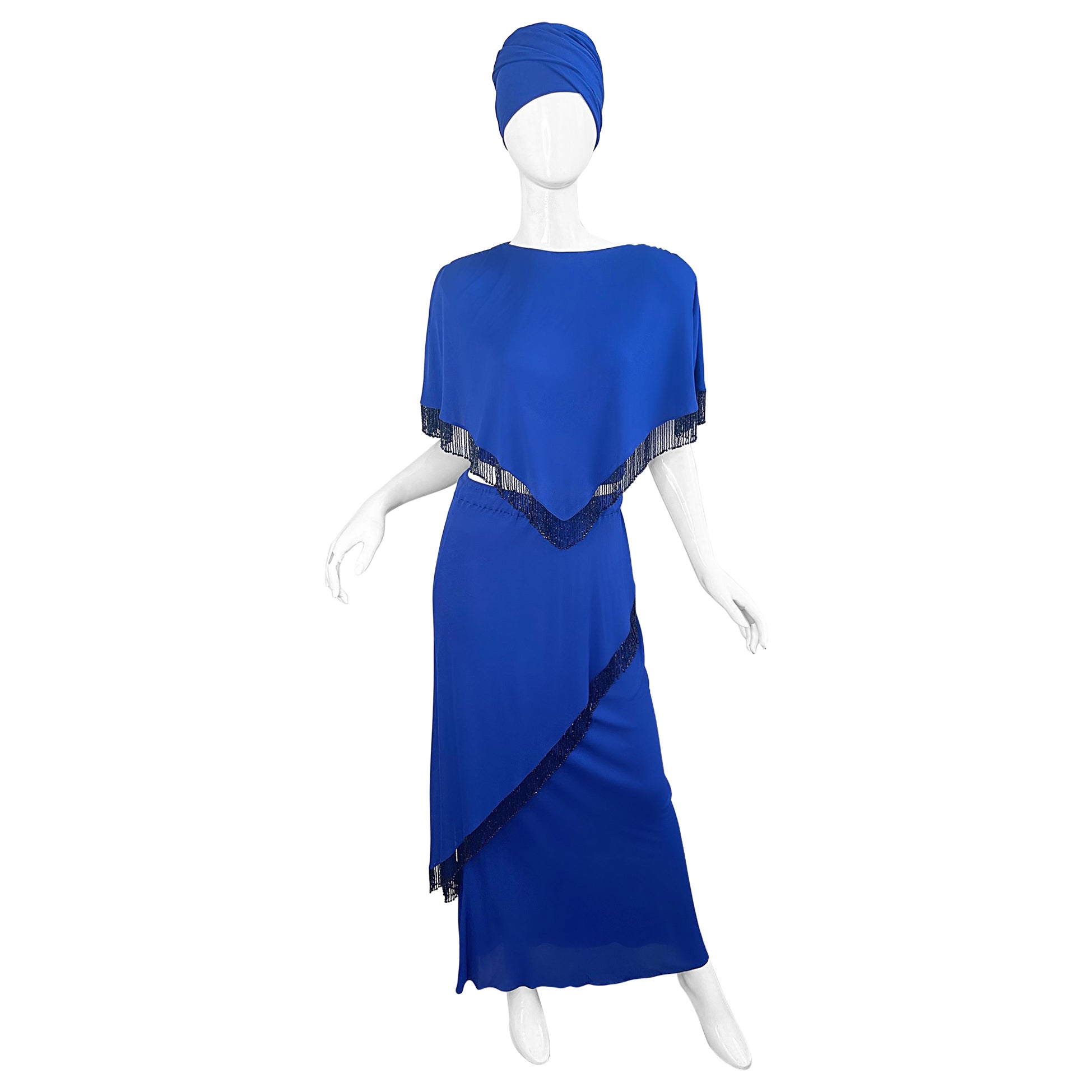 Holly’s Harp 1970s Royal Blue Silk Jersey Beaded 3 Piece Vintage 70s Ensemble For Sale